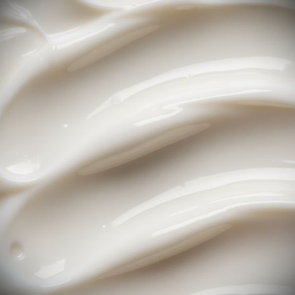 Nahaufnahme von weißer Creme. Die Creme ist in wellenförmigen Bahnen aufgetragen.