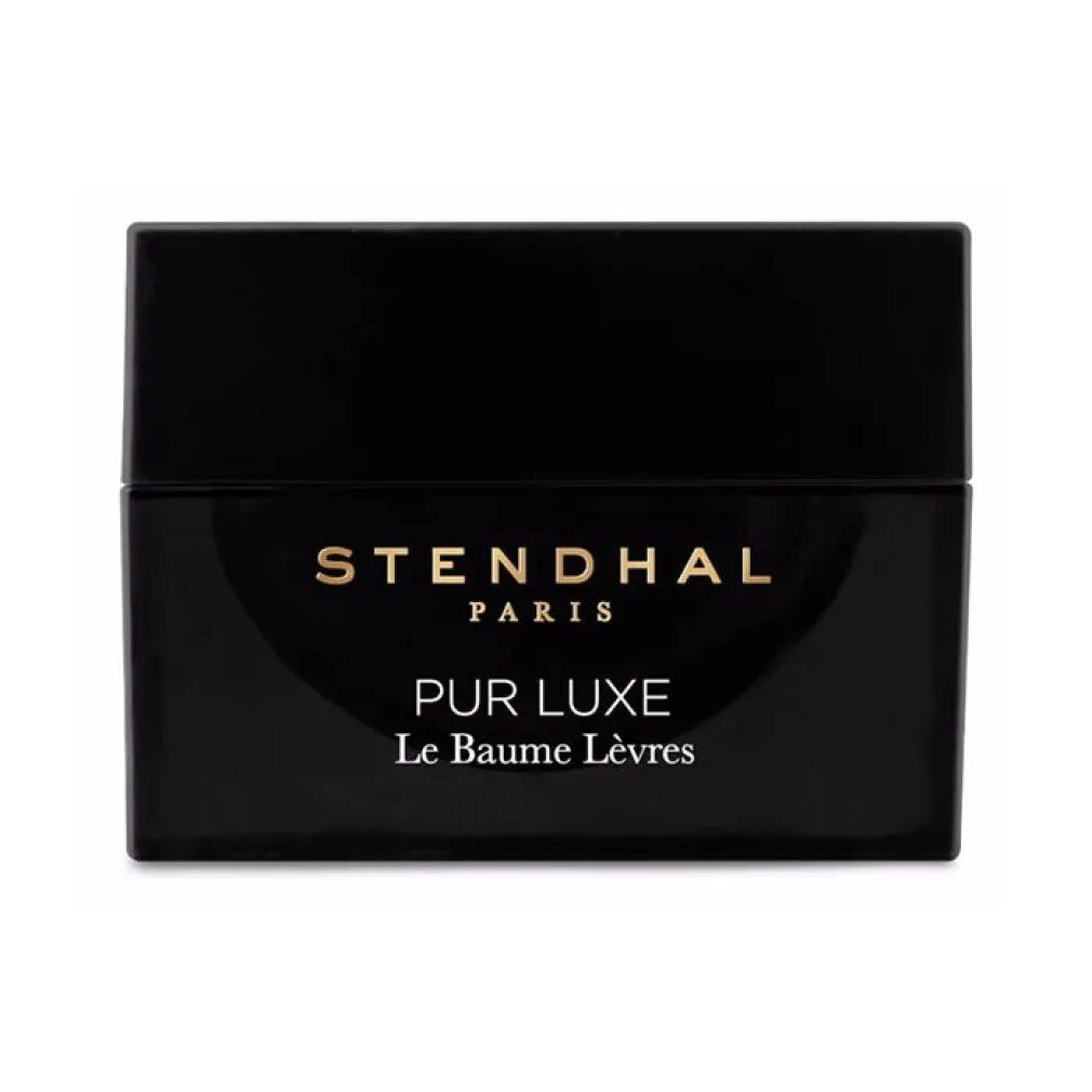 Schwarzer Tiegel mit goldfarbenem Schriftzug. Aufschrift: STENDHAL PARIS, PUR LUXE Le Baume Lèvres.