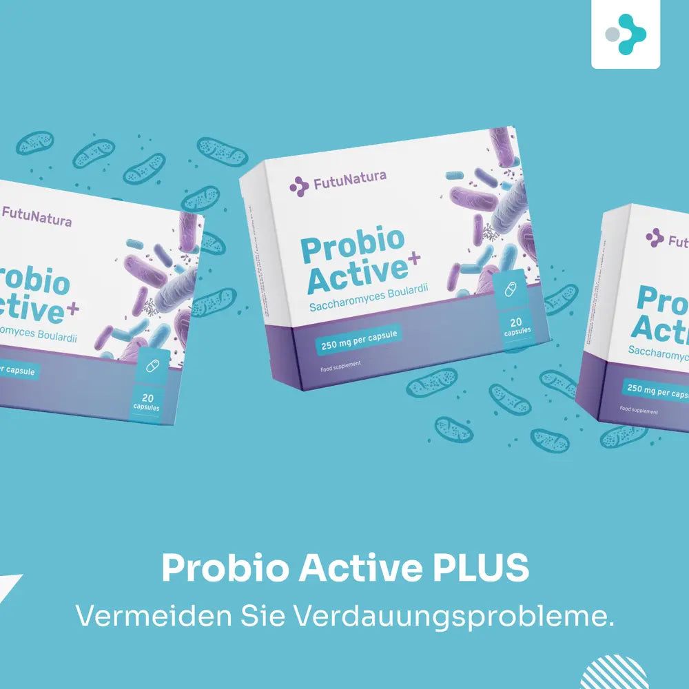 Drei FutuNatura Probio Active PLUS Packungen mit stilisierten Bakterien.