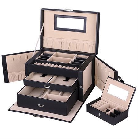 UNIQ XL Schmuckkästchen aus Leder mit 20 Fächern und Schloss - Schwarz