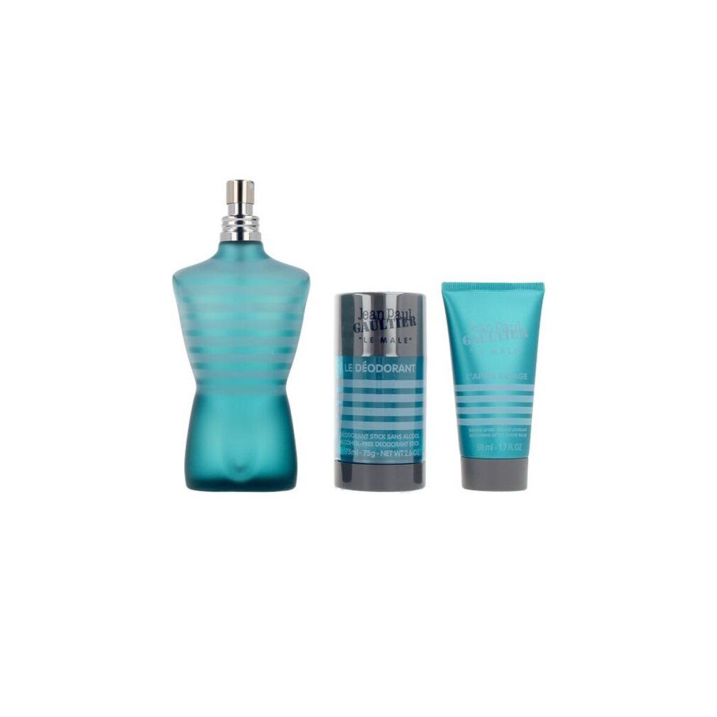 Flakon in Torsoform, blau, mit Tube und Deostift. Alle mit blauen Streifen. Marke auf allen Produkten sichtbar.