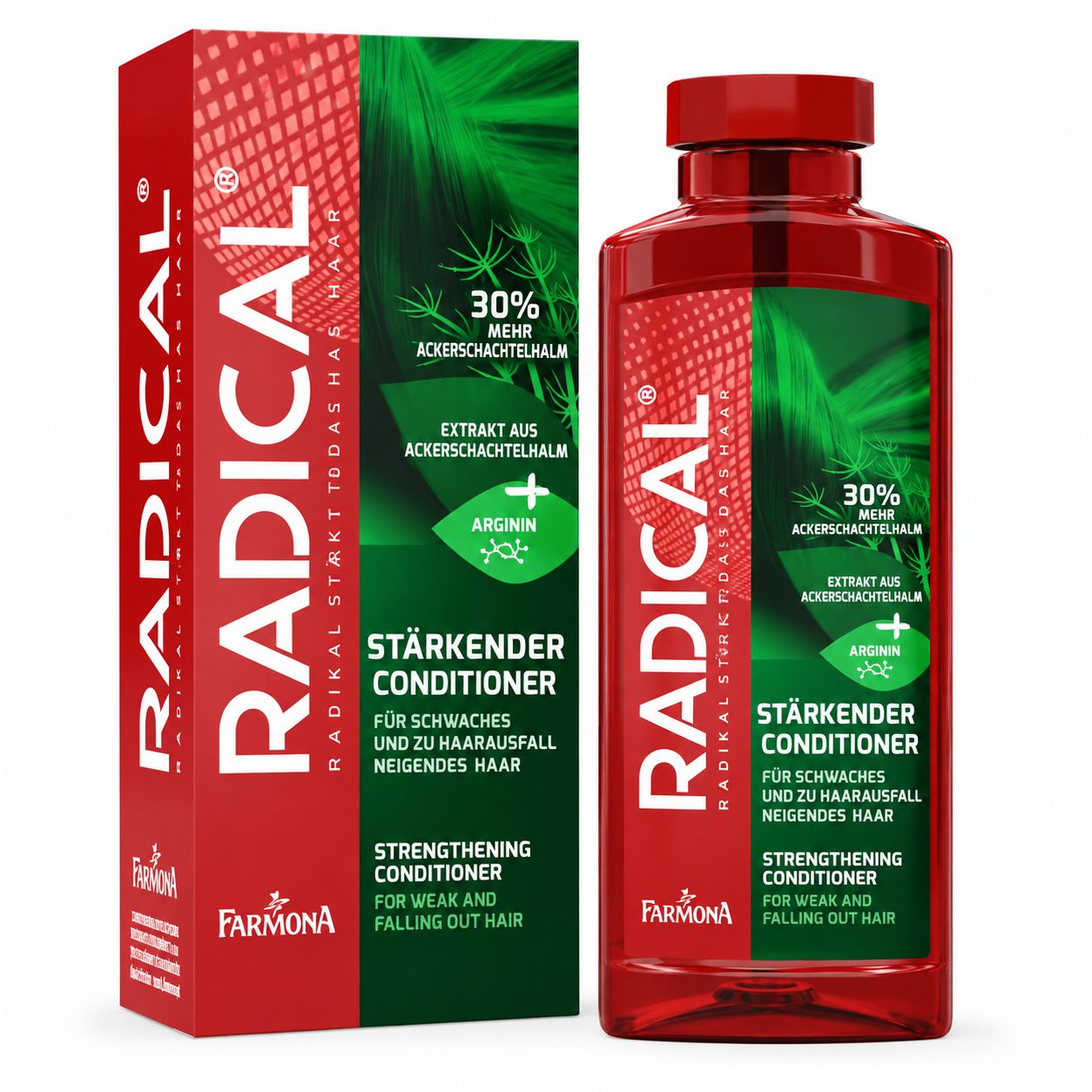 Farmona Radical Stärkendes Shampoo und Conditioner in roter Verpackung.
