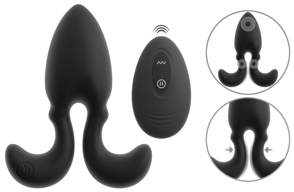 Schwarzer Analplug mit flexiblen Armen und Fernbedienung. Zeigt Ladekontakte und Power-Symbol.