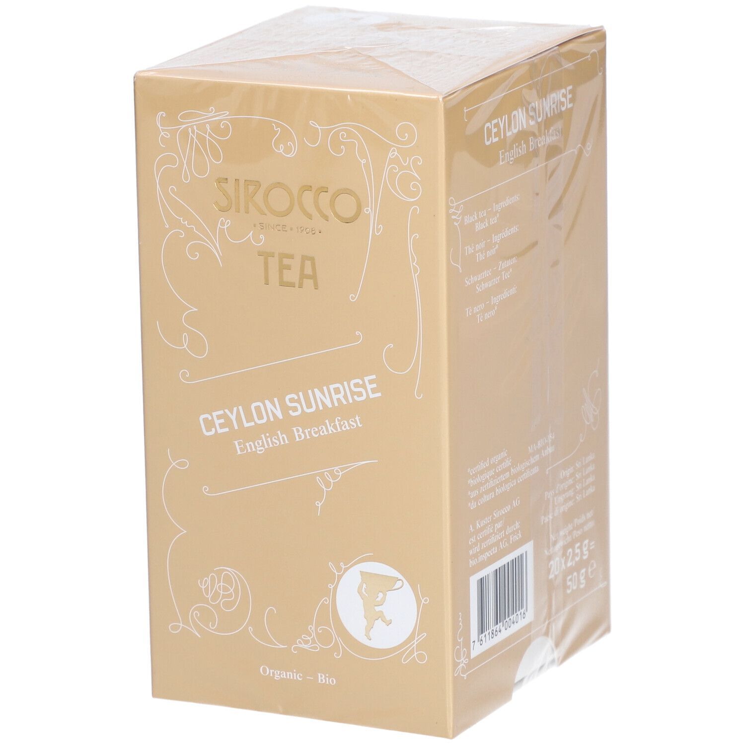 Tee-Verpackung, goldfarben. Produktname und Logo deutlich sichtbar. 'Organic - Bio' Kennzeichnung.
