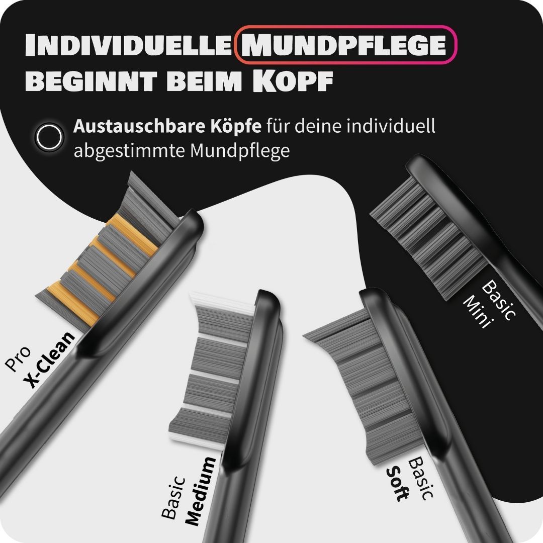 Vier Zahnheld Bürstenköpfe: Pro X-Clean, Basic Medium, Basic Soft, Basic Mini.