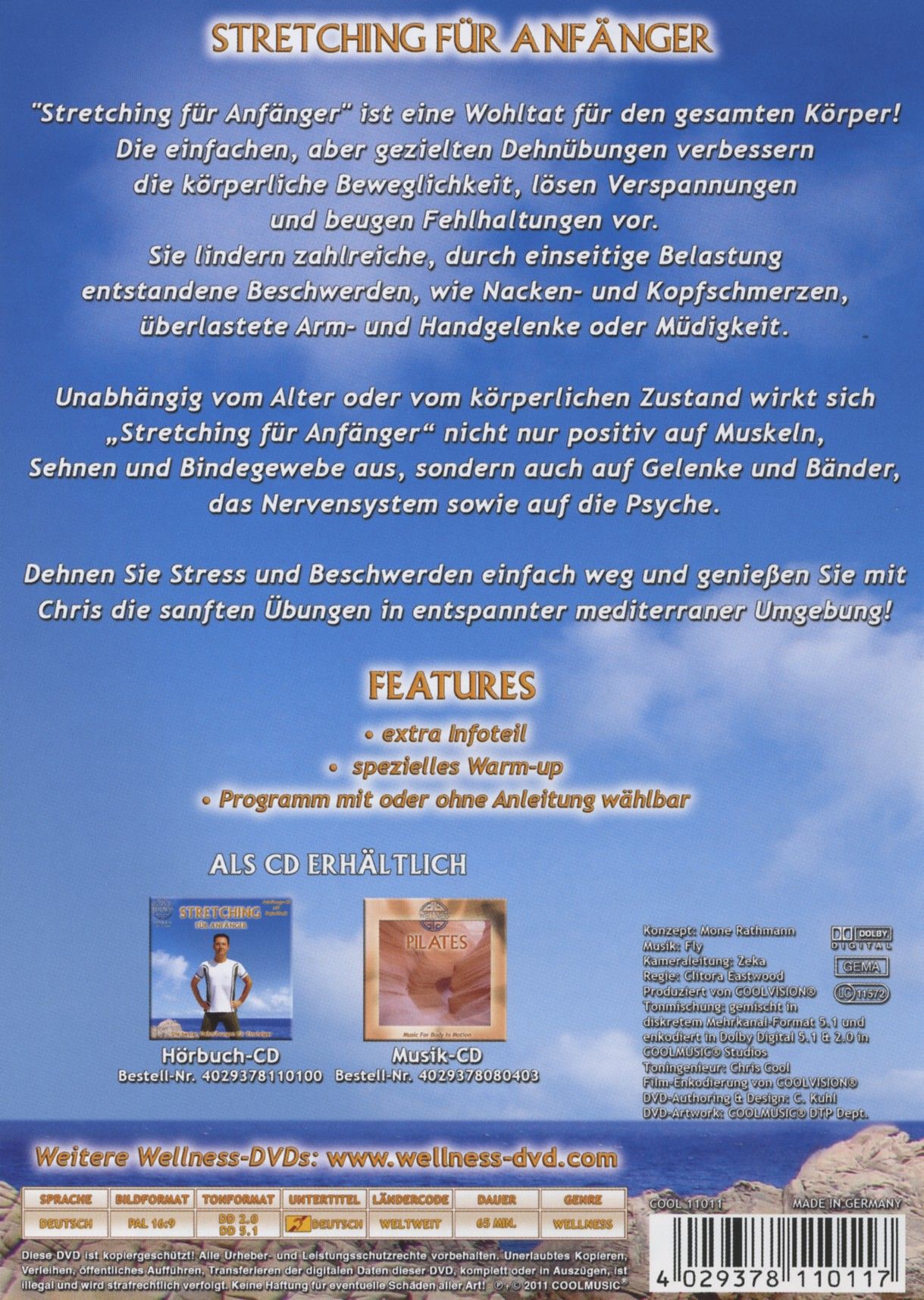 Rückseite der DVD "Stretching für Anfänger". Text, Logos, und zwei kleine CD-Cover.