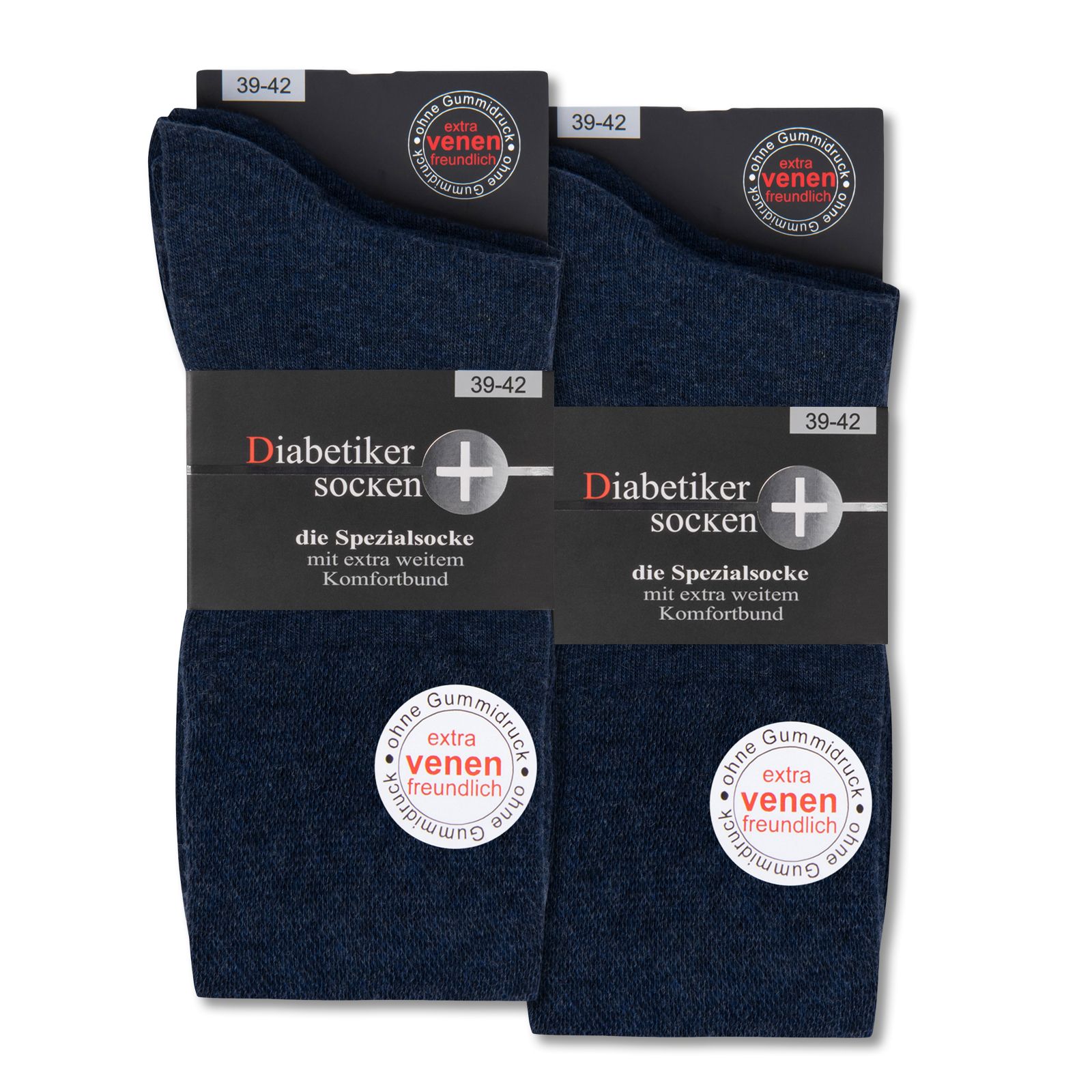 Zwei Paar dunkelblaue Diabetiker Socken in Verpackung. Text: Diabetiker Socken, ohne Gummidruck, extra venenfreundlich.