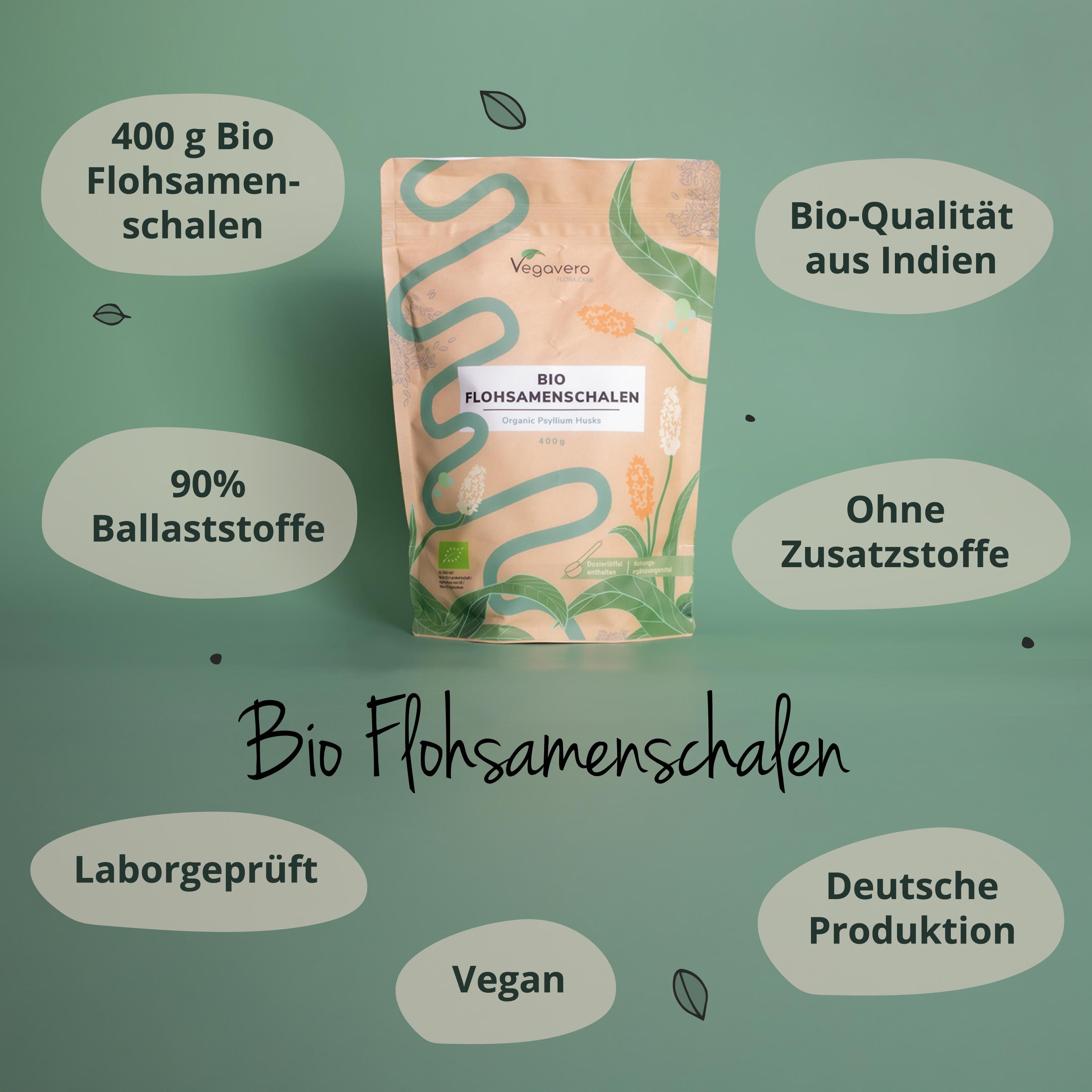 BIO Flohsamenschalen Packung. Text: 400 g, 90% Ballaststoffe, ohne Zusatzstoffe, Bio-Qualität aus Indien, deutsche Produktion, vegan.