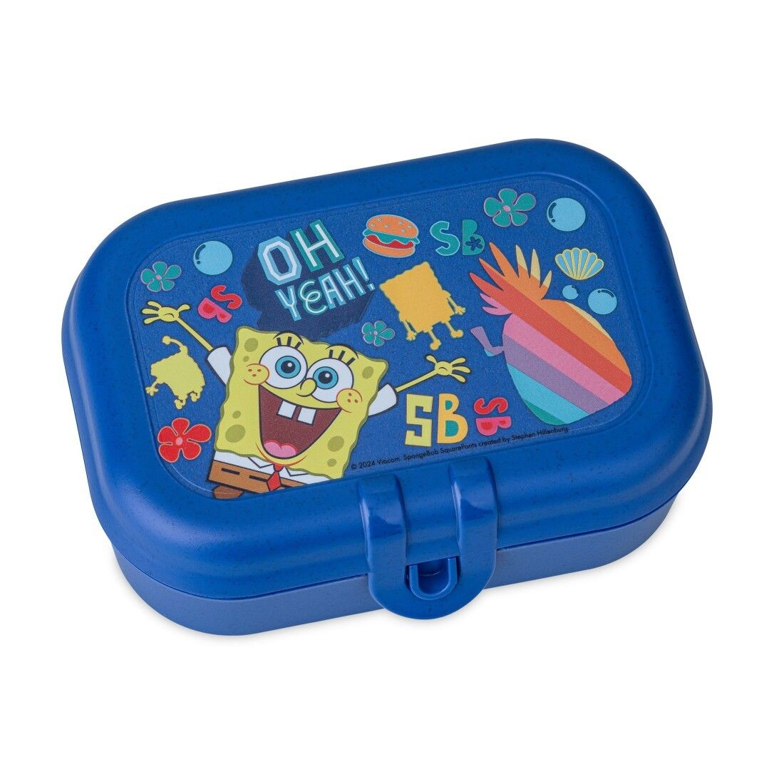 Blaue Trinkflasche mit Schraubverschluss. Aufdruck mit Spongebob-Motiv und Schriftzug "OH YEAH!".