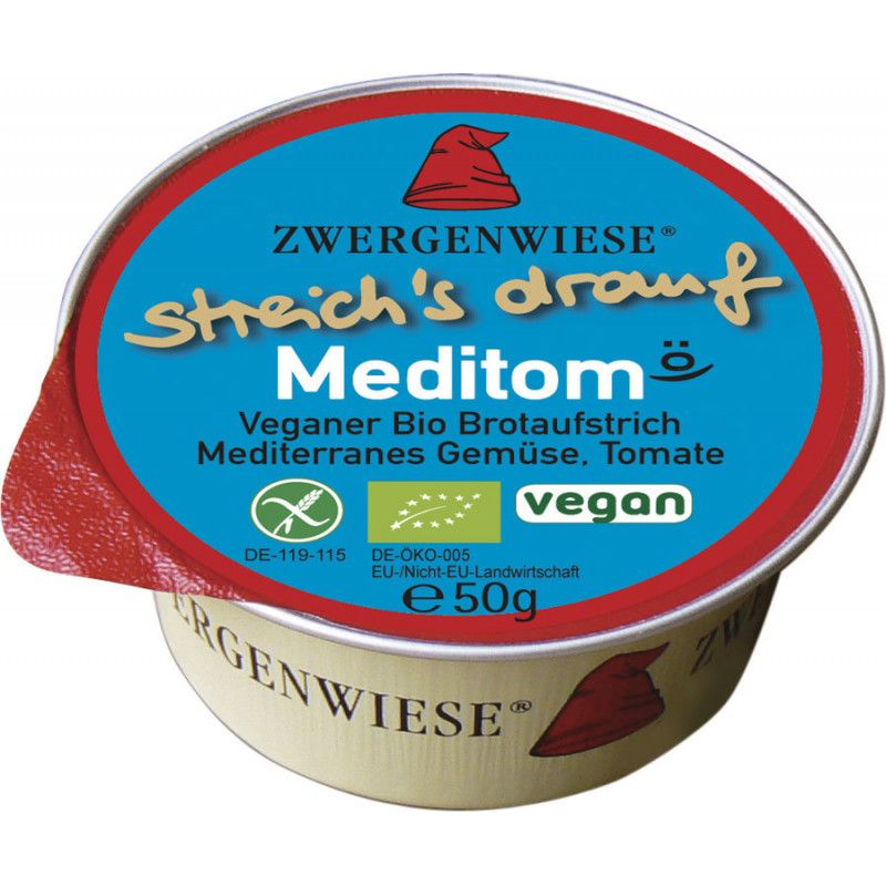Runder Behälter mit rotem Deckel. Aufschrift: Zwergenwiese Streich's drauf Meditom. Veganer Brotaufstrich.