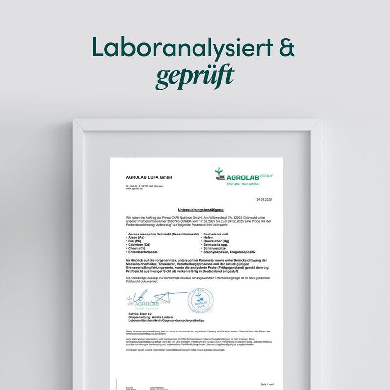 Laboranalysiert & geprüft Zertifikat in einem weißen Bilderrahmen.