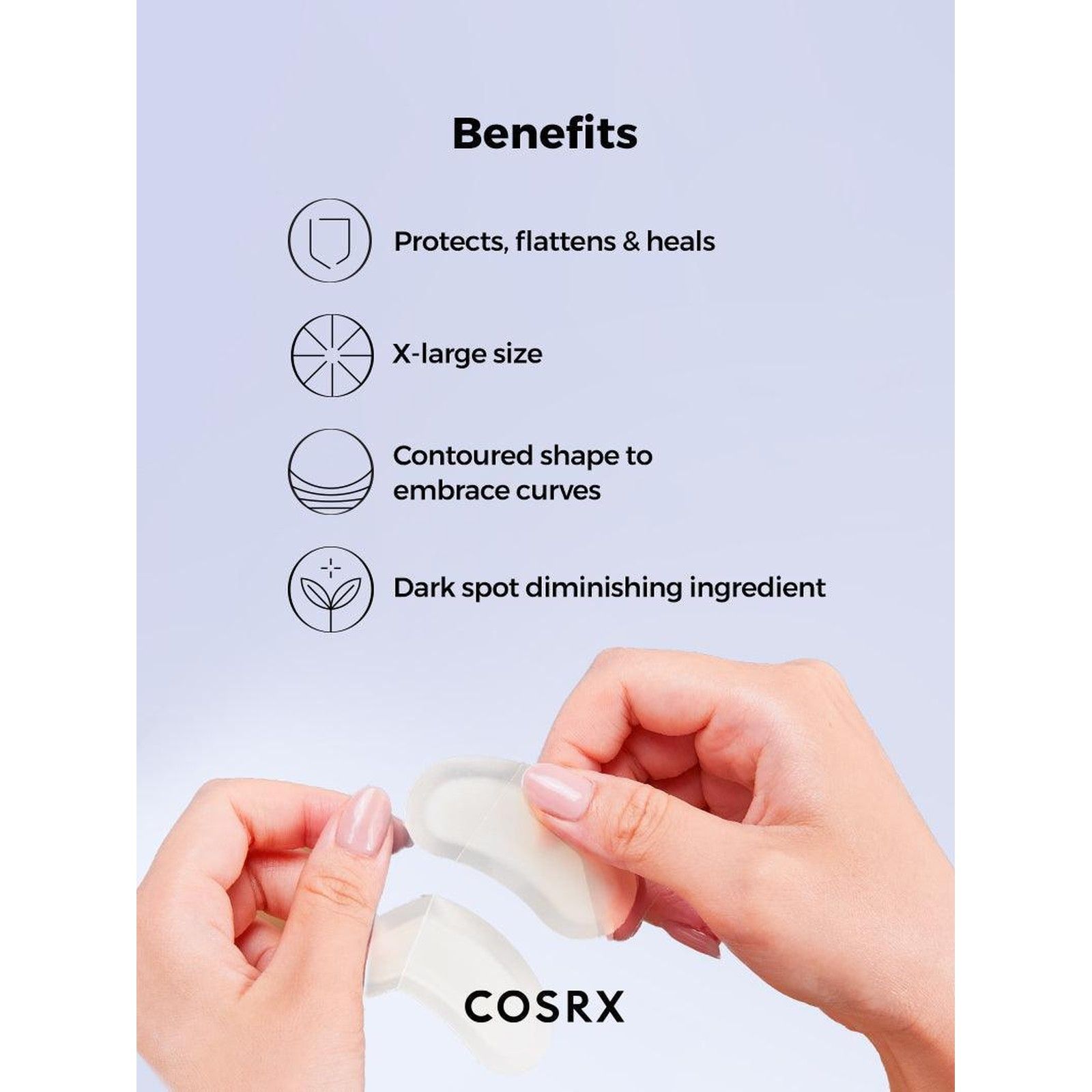 Hände halten COSRX Clear Fit Master Patches. Große Größe, konturiert, dunkle Flecken reduzierende Inhaltsstoffe.