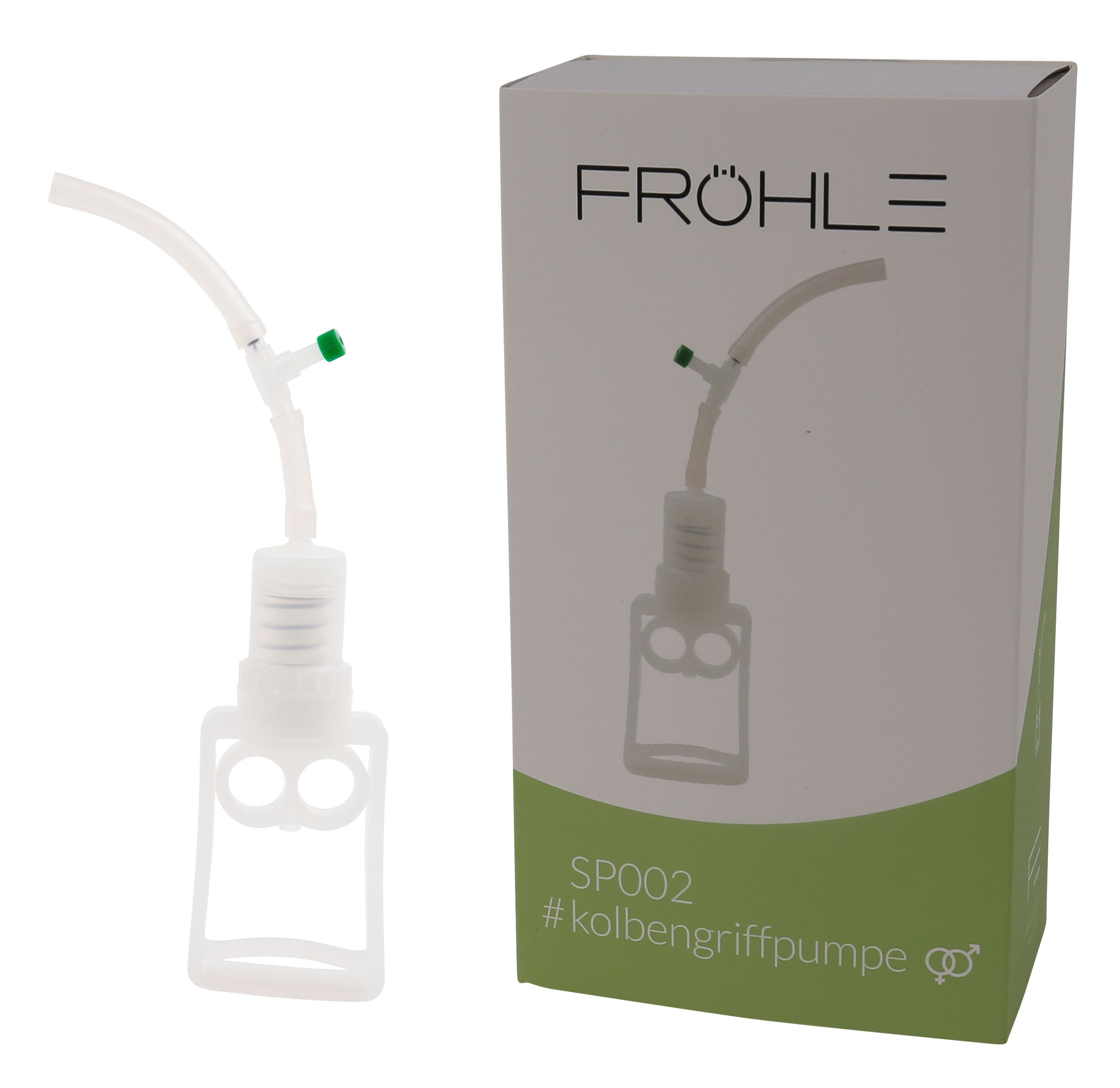 Weißes Kolbengriffpumpe mit Schlauch und Ventil, neben einer weißen und grünen Verpackung. Auf der Verpackung steht FRÖHLE.