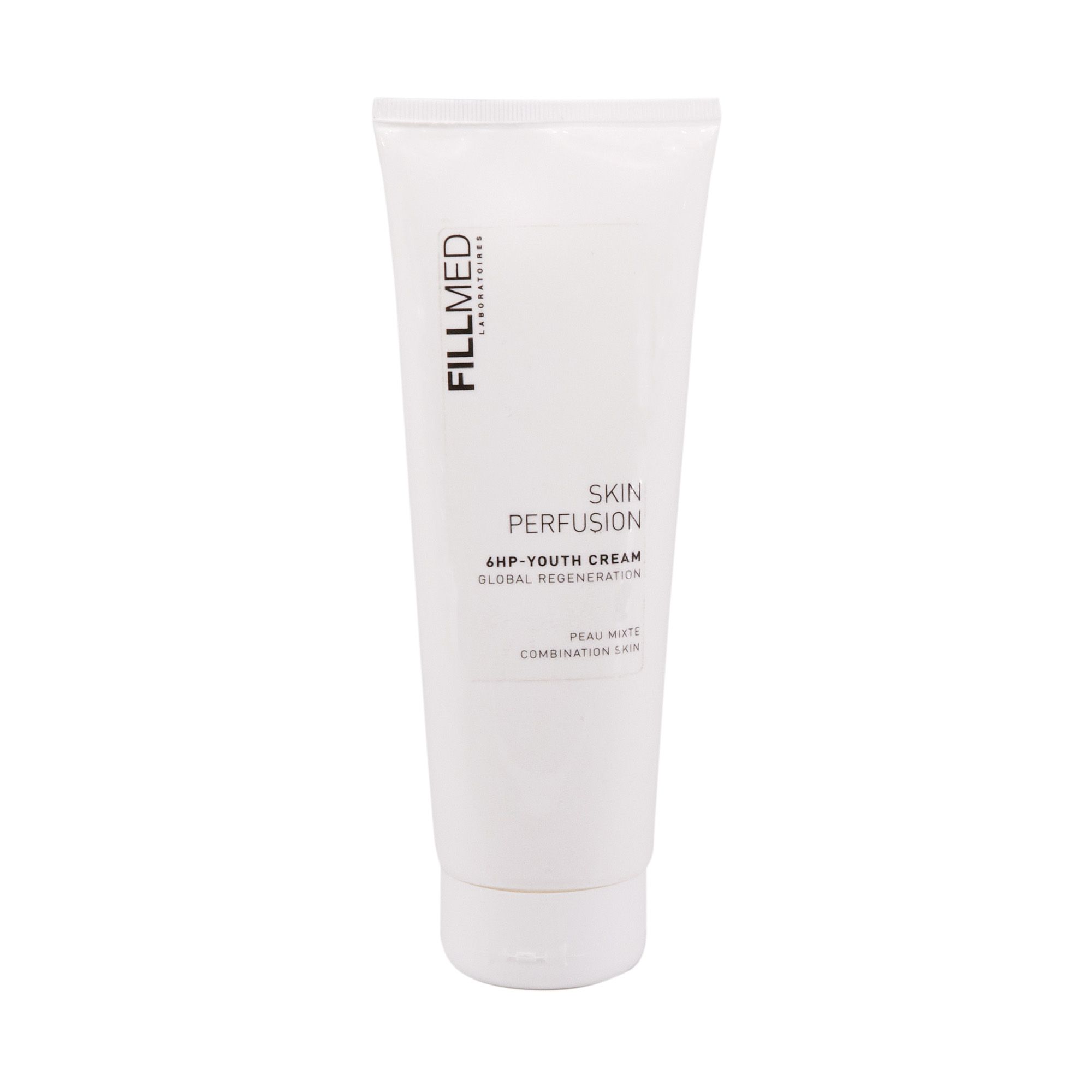 Weiße Tube mit Produktbeschriftung. FILLMED-Logo, SKIN PERFUSION, 6HP-YOUTH CREAM, globale Regeneration. Für matte Haut, Mischhaut.