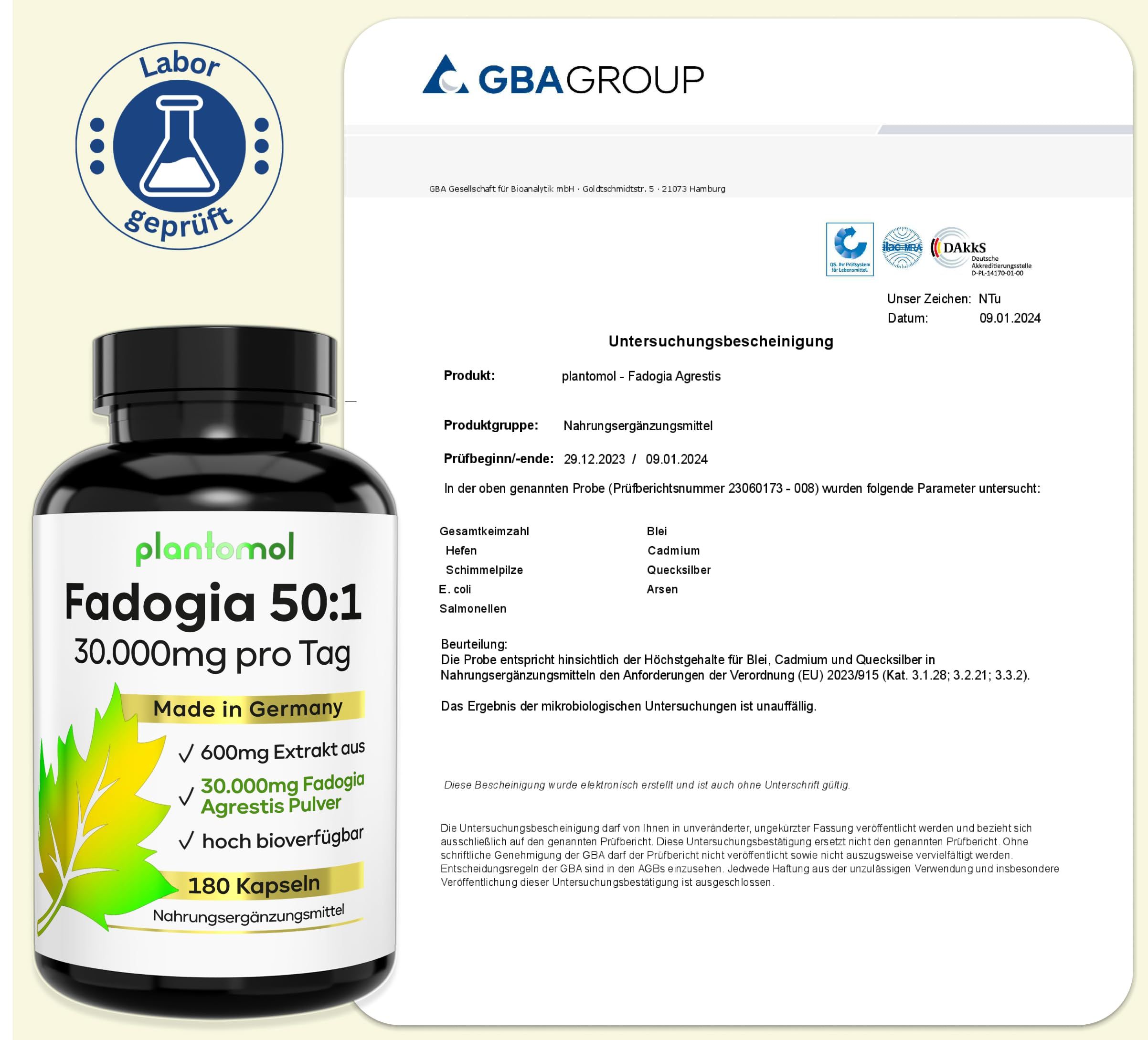 Produktflasche mit Laborzertifikat. Enthält 180 Kapseln. Text: Fadogia 50:1, 30.000mg pro Tag, Made in Germany, 600mg Extrakt, hoch bioverfügbar.