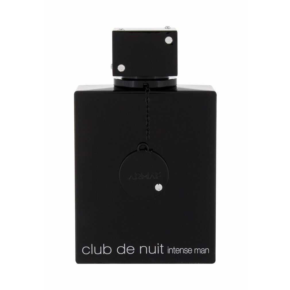 Schwarzer Flakon mit quadratischem Deckel. Kette mit Anhänger. Schriftzug 'club de nuit intense man'.