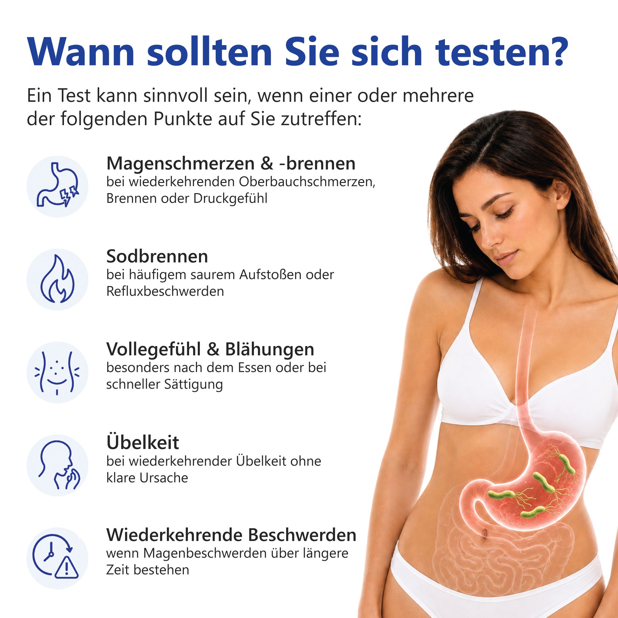 Frau mit Bauchansicht. Diagramme zeigen Symptome: Magenschmerzen, Sodbrennen, Völlegefühl, Übelkeit, wiederkehrende Beschwerden.