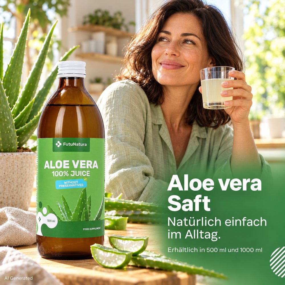 Frau trinkt FutuNatura Aloe Vera Saft, Flasche daneben, Scheiben von Aloe Vera.