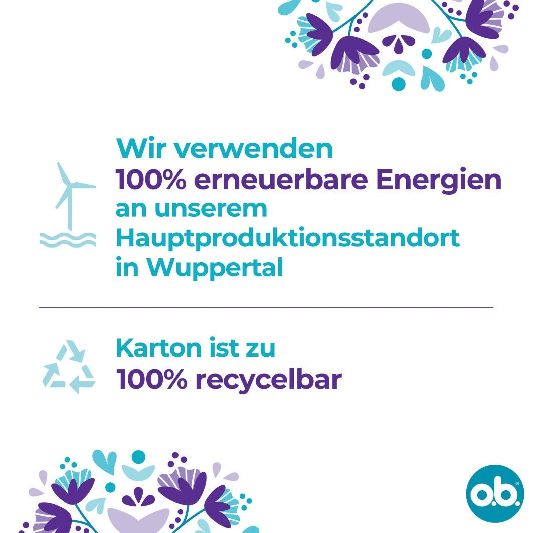 o.b.® Extra Protect Super+ Comfort. Verpackung mit 36 Tampons. Text: Ultimativer Auslaufschutz. Lila Blumenmuster.