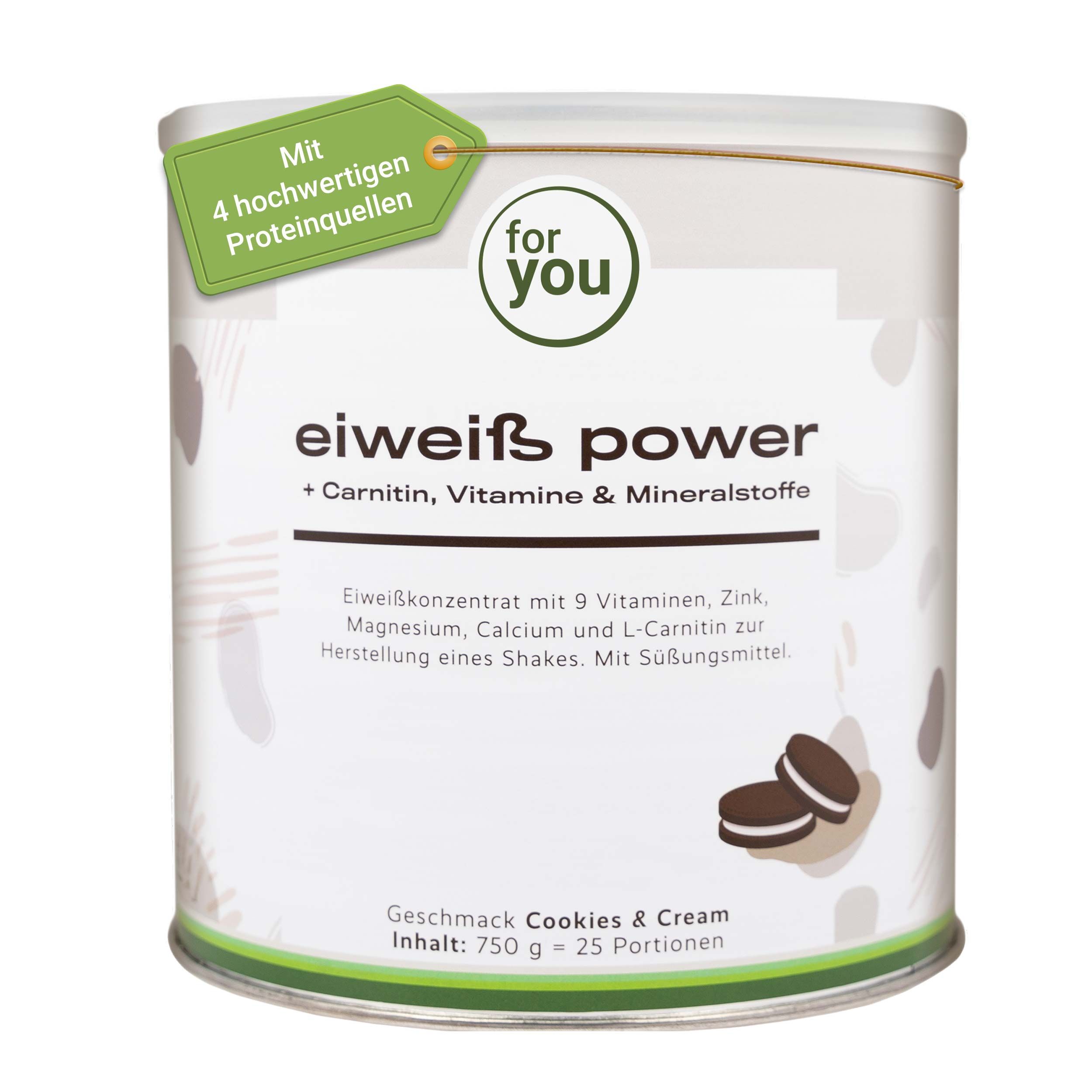 Eine Dose "eiweiß power" mit Carnitin, Vitaminen & Mineralstoffen. Geschmack Cookies & Cream.