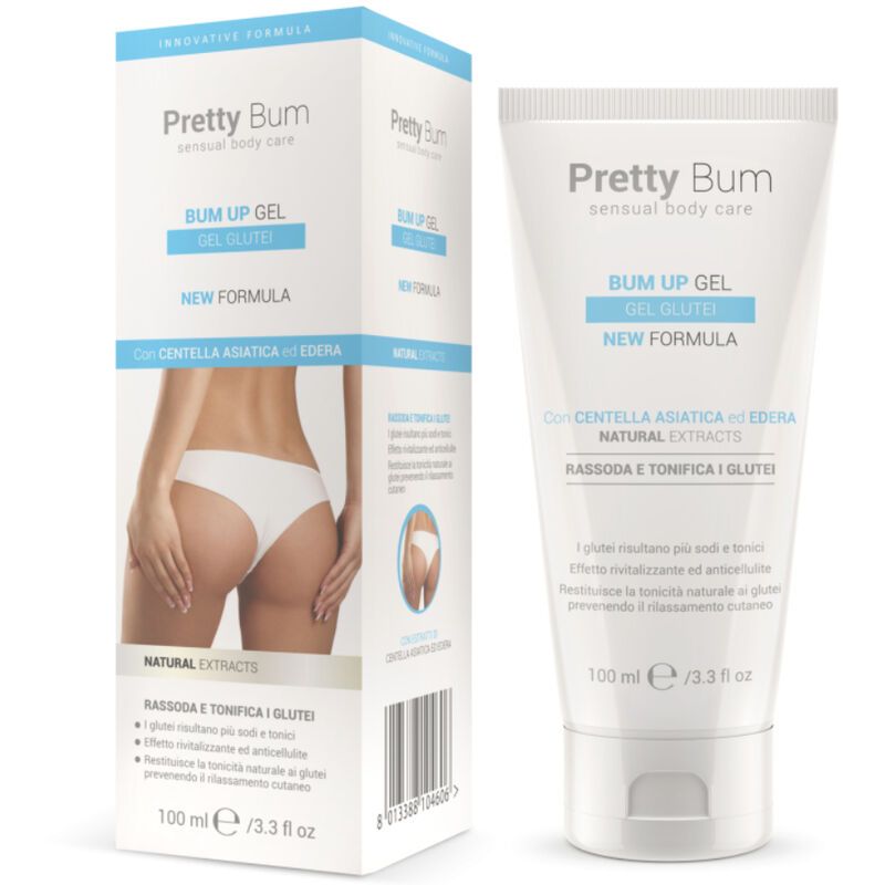 Produktverpackung und Tube. Aufschrift: Pretty Bum, Bum Up Gel. Enthält Centella Asiatica und Edera. 100 ml.
