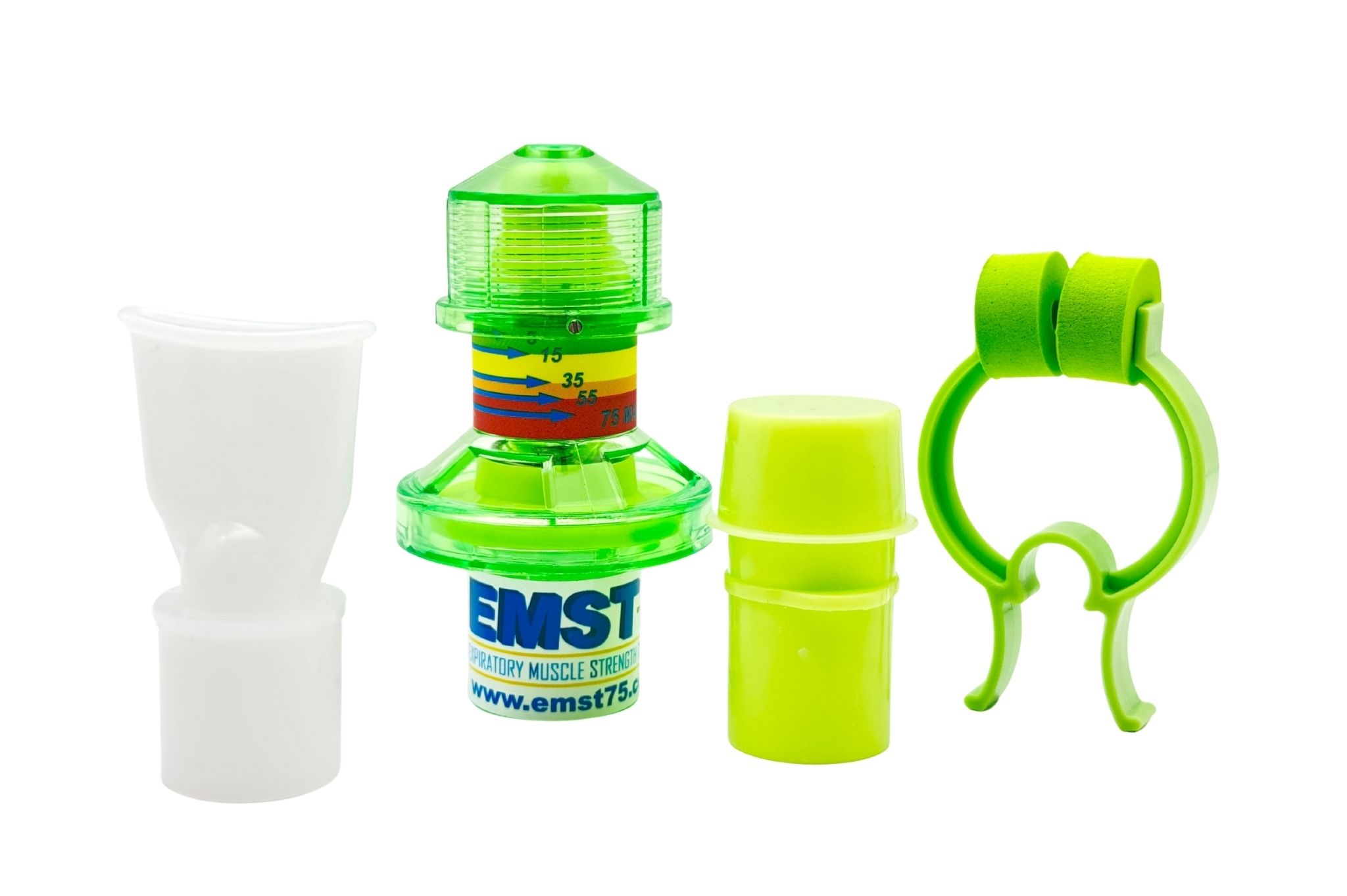 Atemtrainer-Set: Hauptgerät, Mundstück, Nasenklemme und zwei Behälter in Grün und Weiß.