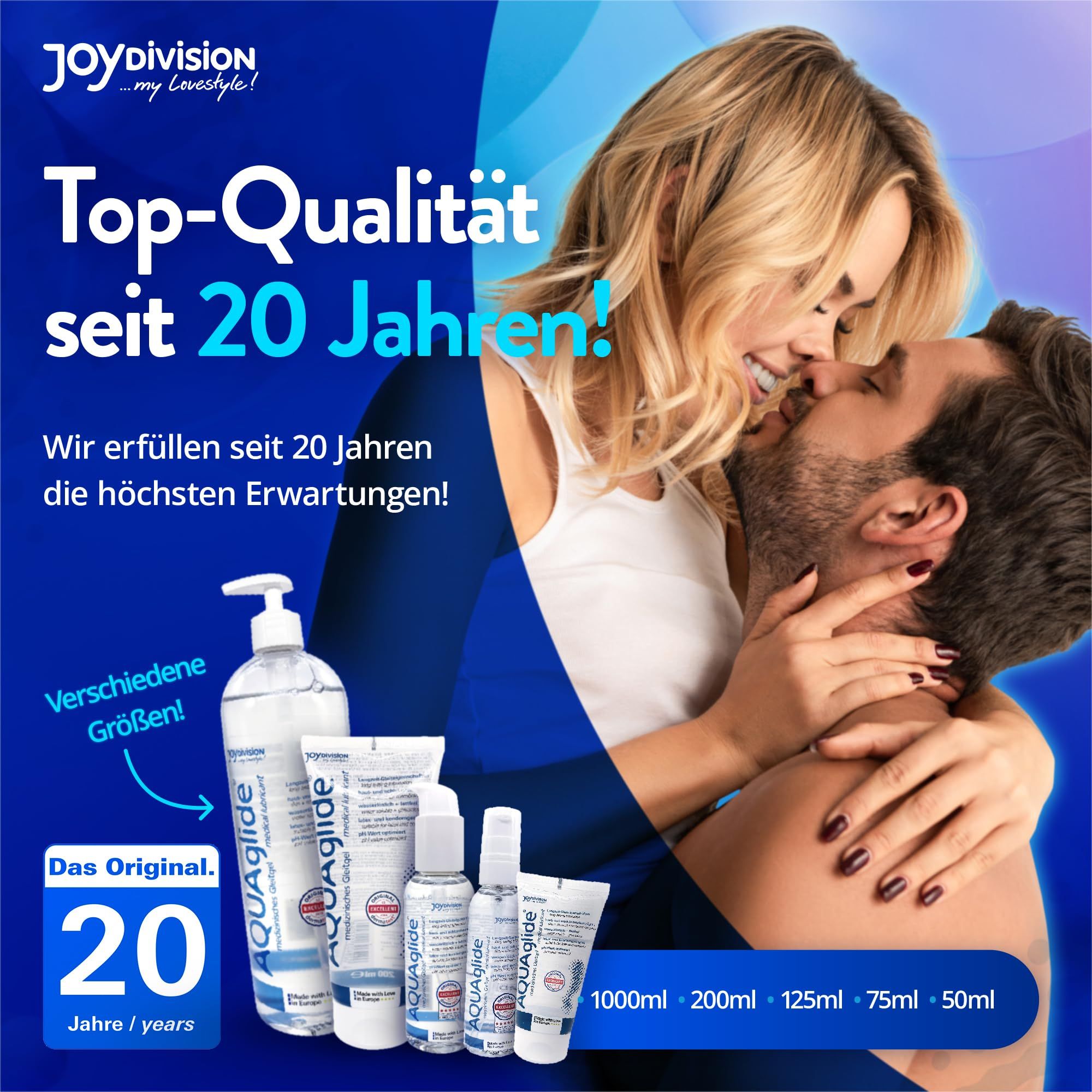 Joydivision AQUAglide Produktlinie mit verschiedenen Größen und einem Paar, das sich umarmt.
