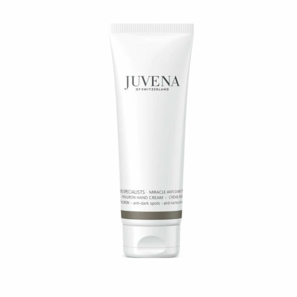 Weiße Tube mit Aufschrift JUVENA. Text: MIRACLE ANTI-DARK SPOT HYALURON HAND CREAM. Anti-Flecken.