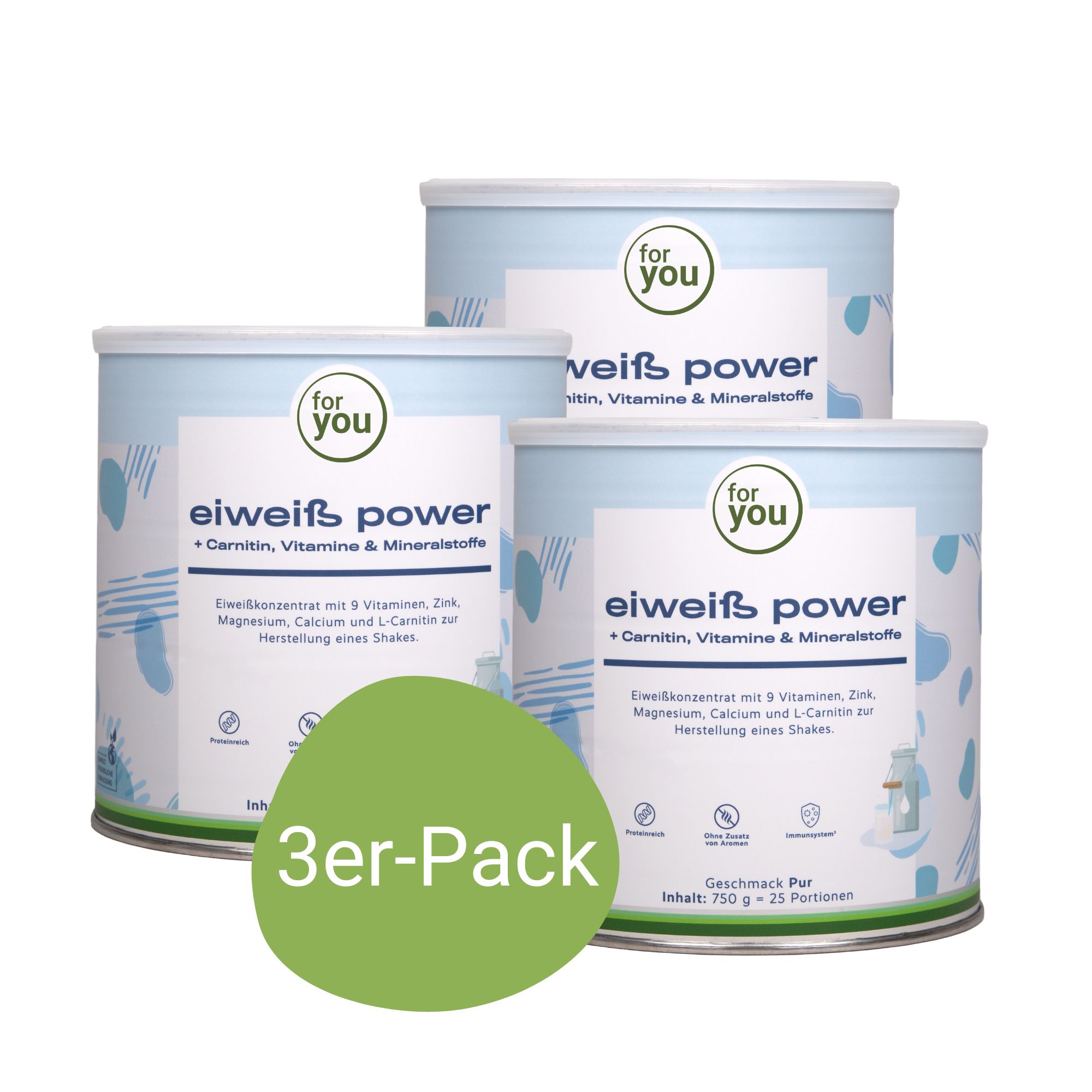 Drei Dosen Eiweiß Pulver mit 'for you' Logo und 'Eiweiß Power' Aufschrift. '3er-Pack' Aufkleber.