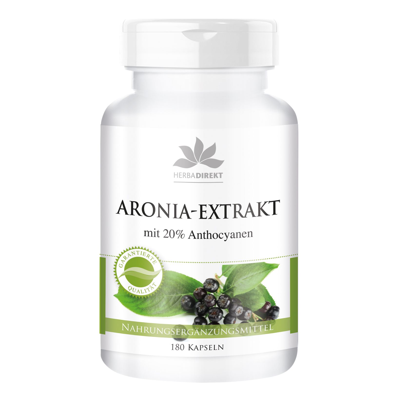 Weiße Flasche mit Kapseln. Aufschrift: ARONIA-EXTRAKT mit 20% Anthocyanen. Grün-weiße Etikettierung. Siegel: Garantierte Qualität. 180 Kapseln.
