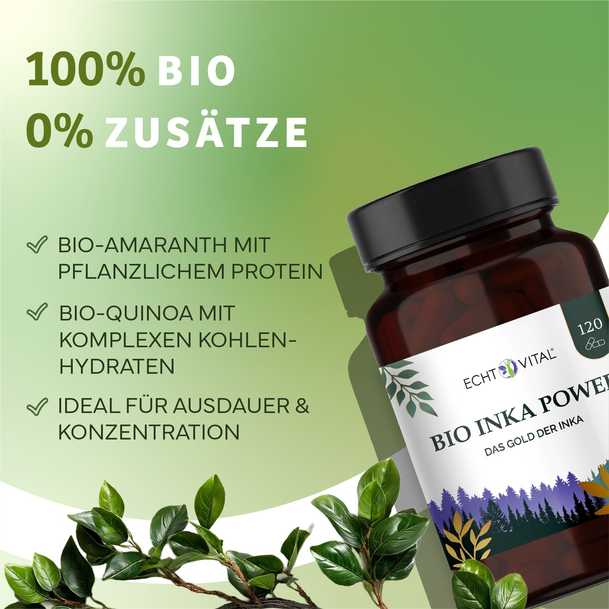 Braune Flasche mit schwarzem Deckel. Aufschrift: Echt Vital Bio Inka Power. 120 Kapseln. Text: 100% Bio, 0% Zusätze. Bio-Amaranth, Bio-Quinoa.