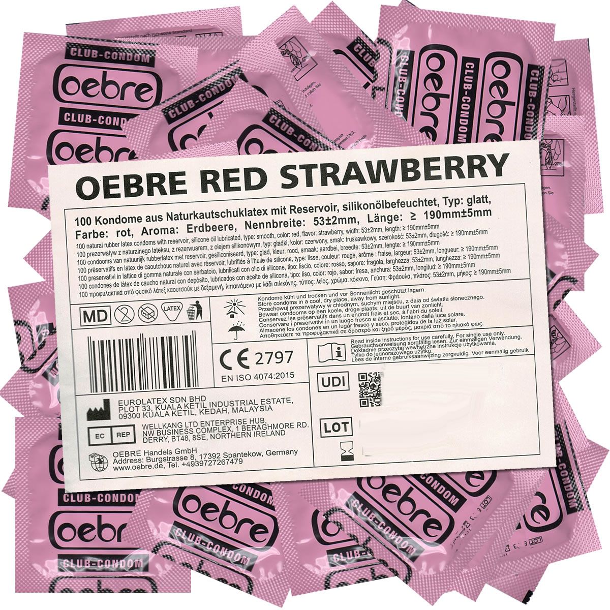 Rosa Kondom-Verpackungen mit dem Logo "oebre". Ein Etikett zeigt Produktinformationen, einschließlich "OEBRE RED STRAWBERRY" und Zertifizierungen.