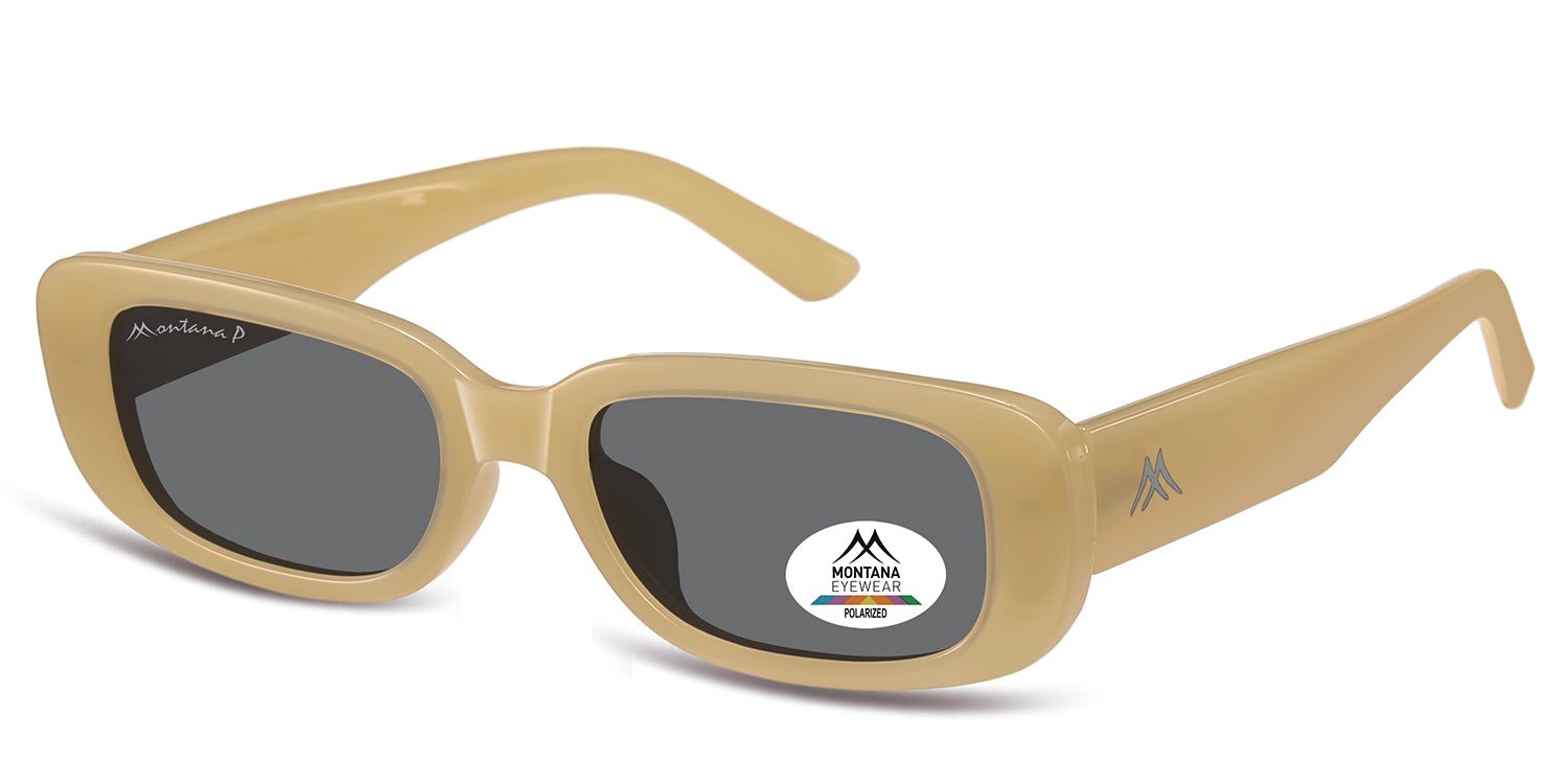 Montana Eyewear Romazzino Sonnenbrille, beige. Rechteckige Form, graue Gläser. Logo auf dem Bügel und Polarisations-Aufkleber.