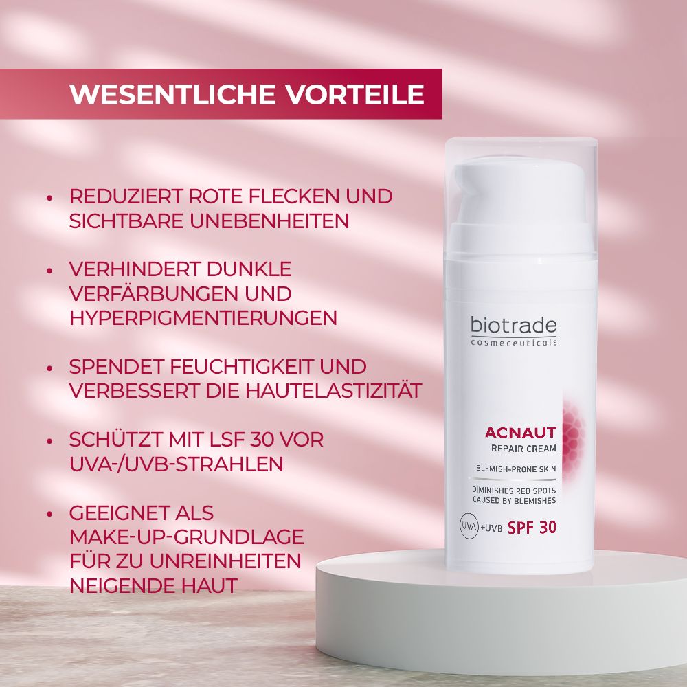 Produkt-Tube mit Text. Text: Biotrade, Acnaut Repair Cream, SPF 30. Aufzählung von Vorteilen.