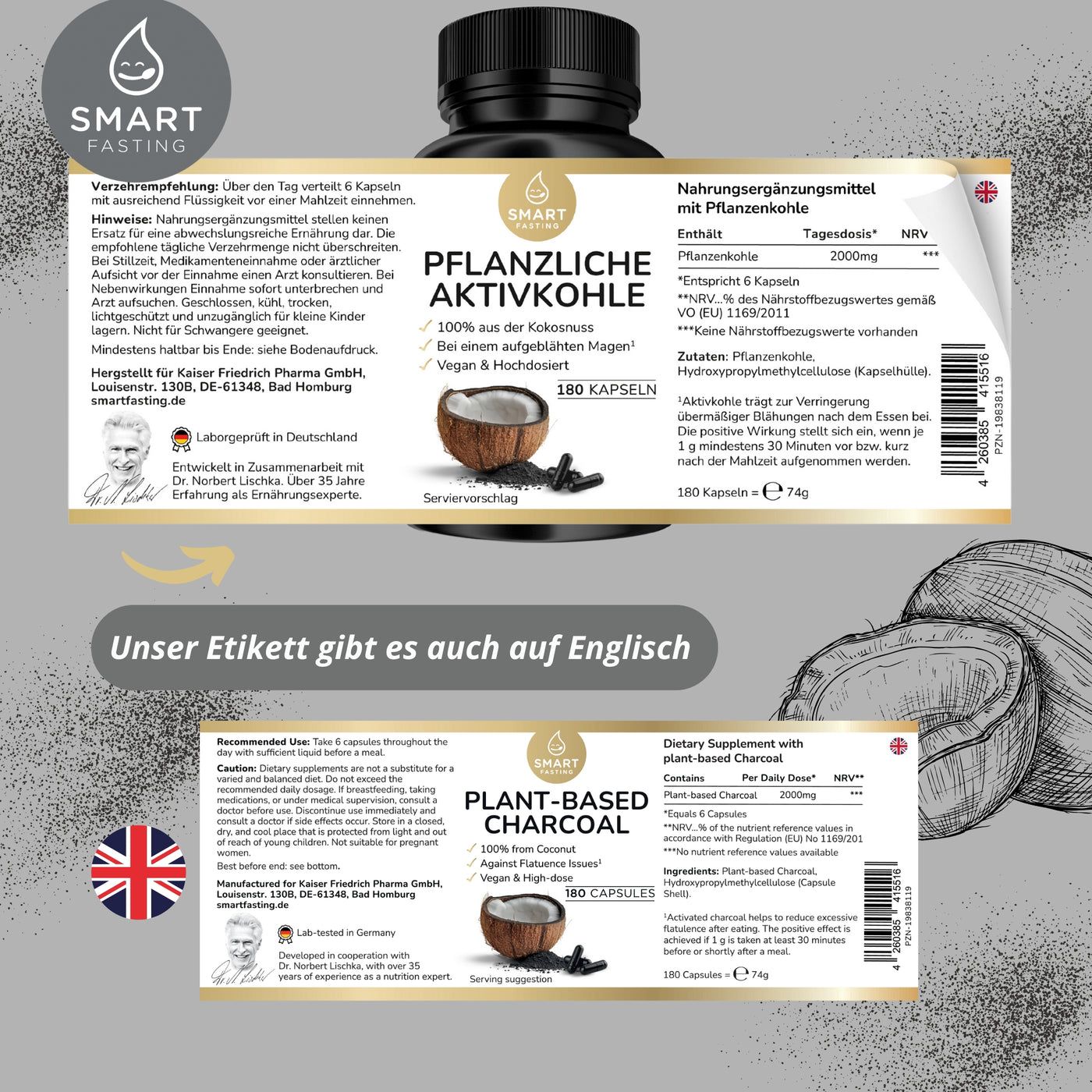 Zwei Etiketten mit Text und Flasche. Aufschrift: Pflanzliche Aktivkohle, 100% aus Kokosnuss, 180 Kapseln.
