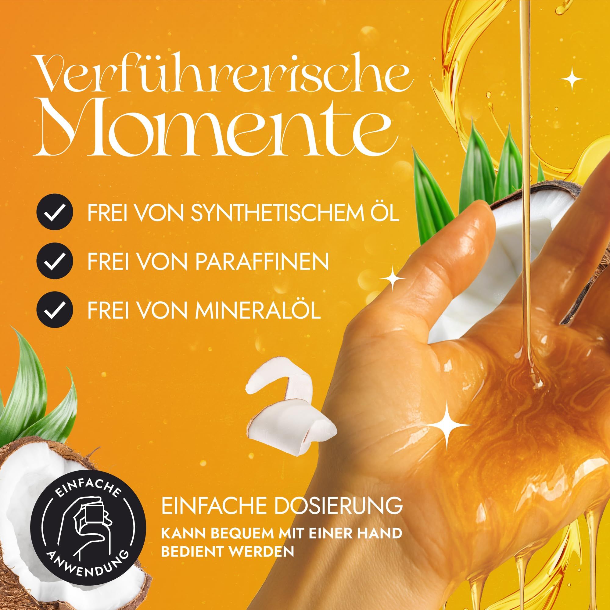 Hand wird mit goldenem Öl übergossen. Frei von synthetischem Öl, Paraffinen, Mineralöl.
