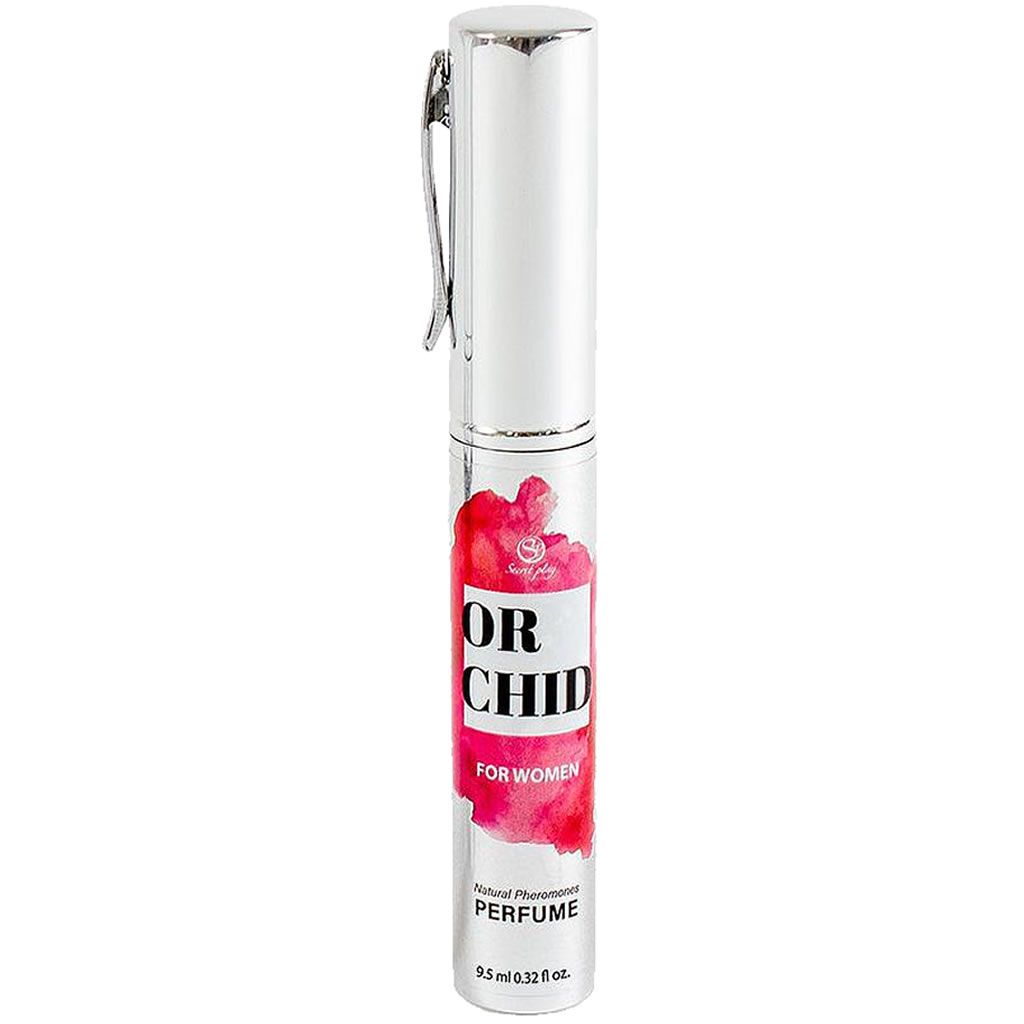 Zylindrisches Parfumfläschchen mit silberfarbener Kappe und Clip. Aufschrift "ORCHID" und "FOR WOMEN" auf rotem Hintergrund.