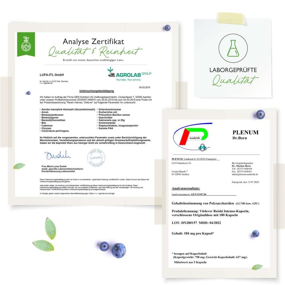 Zertifikate: Analyse Zertifikat, Laborgeprüfte Qualität. Details zu Inhaltsstoffen und Reinheit. Zertifizierungen von LUFA-ITL GmbH und Agrolab Group.