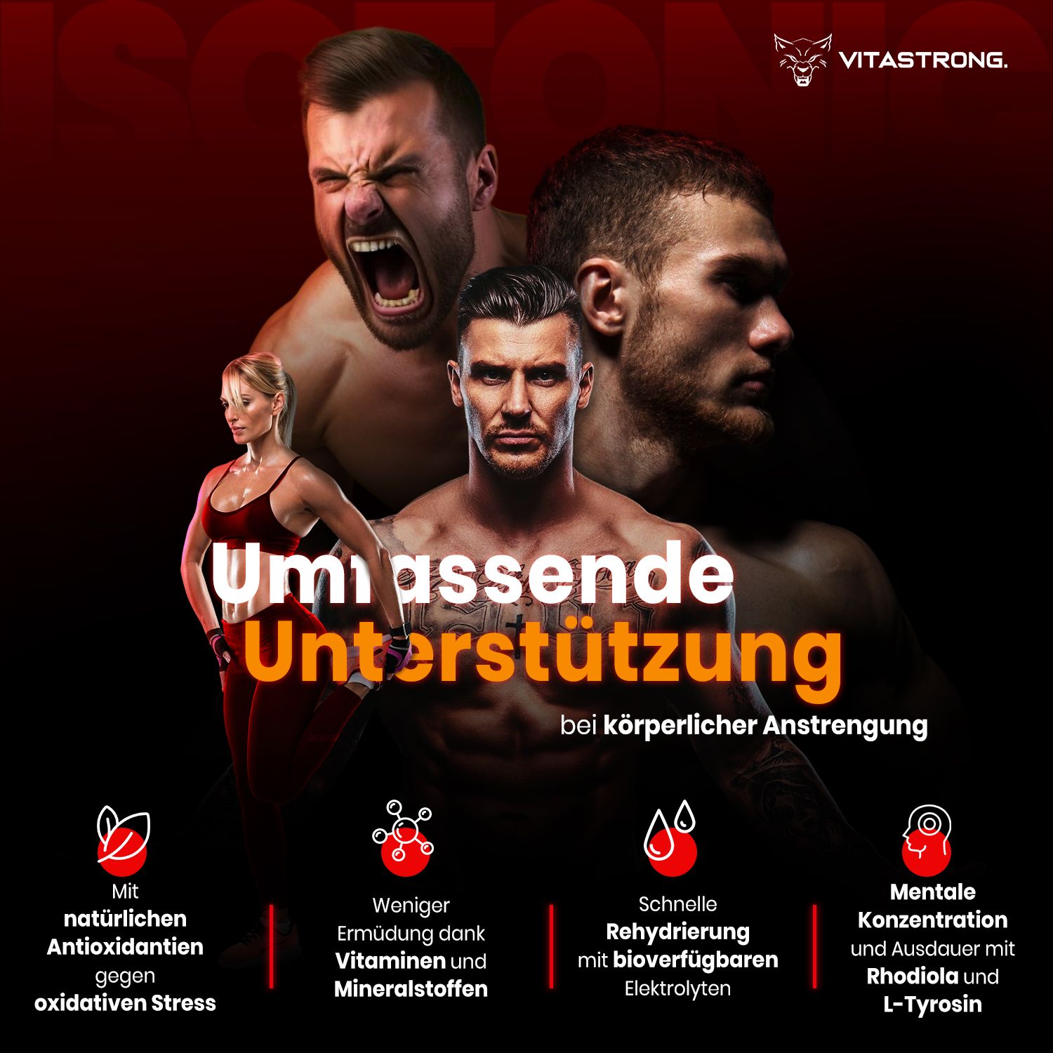 Drei Personen. Text: Umfassende Unterstützung bei körperlicher Anstrengung. Mit Antioxidantien, Vitaminen, Elektrolyten.