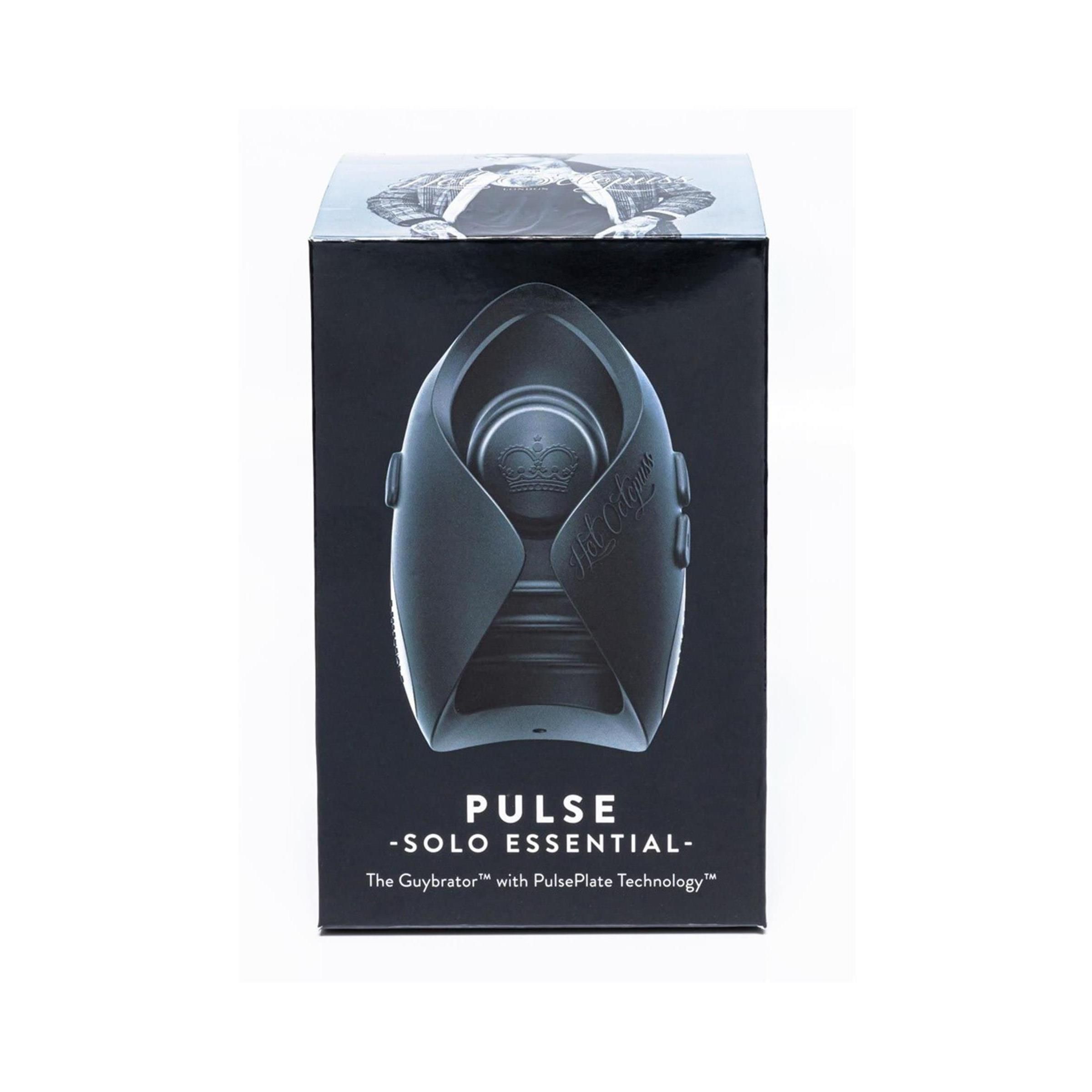 Schwarze Verpackung mit Produktabbildung. Aufschrift: PULSE - SOLO ESSENTIAL. The Guybrator mit PulsePlate Technology.