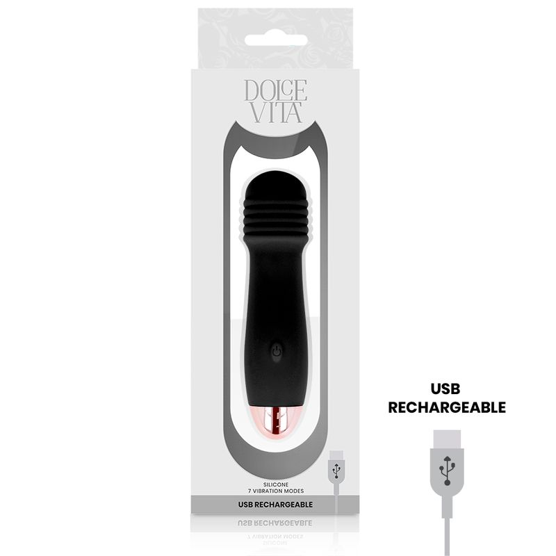 Verpackung eines schwarzen Silikon-Vibrators. Der Vibrator ist mit einem USB-Ladekabel abgebildet.