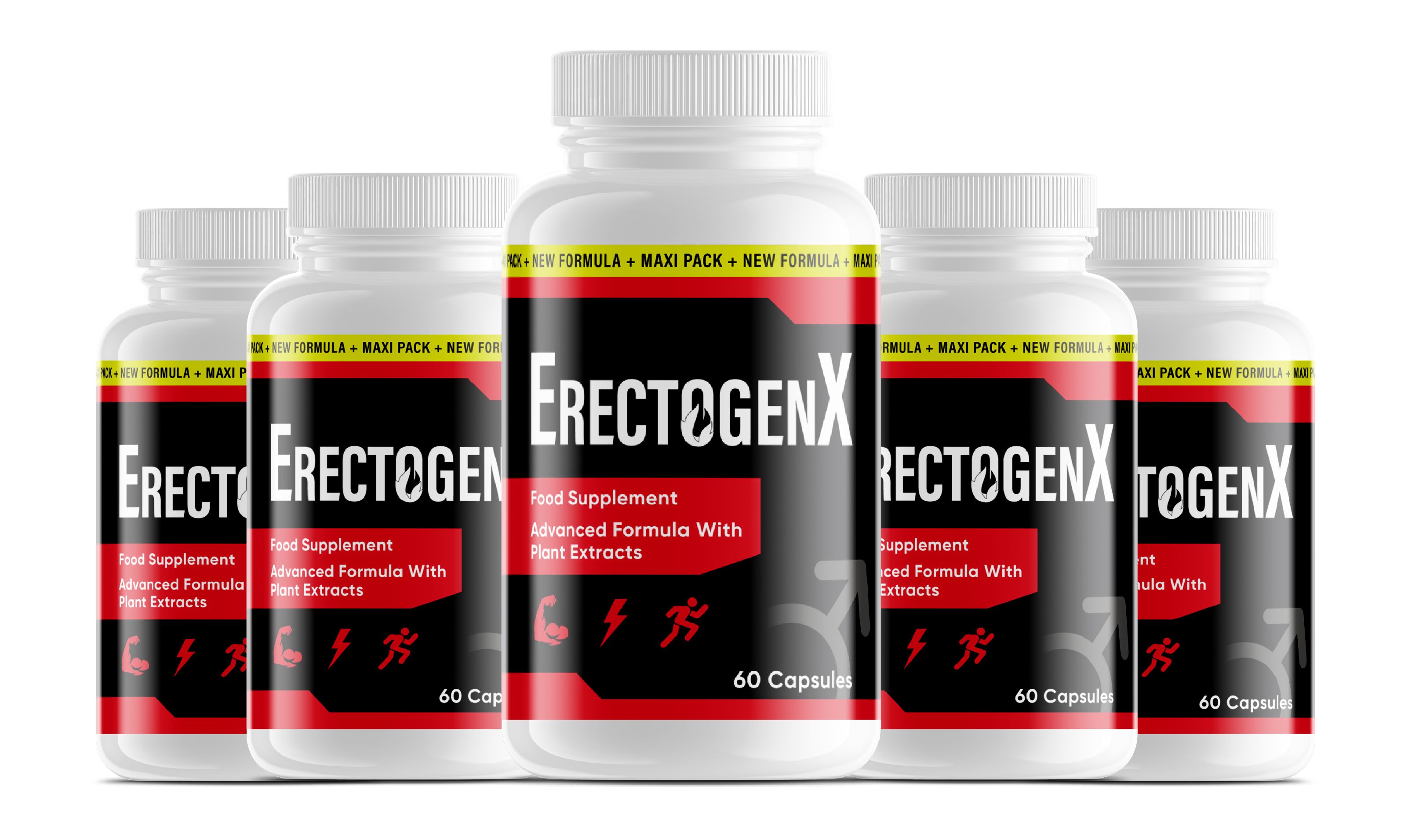 Fünf Behälter mit ERECTOGENX und ERECTOGEN Nahrungsergänzungsmitteln, 60 Kapseln.