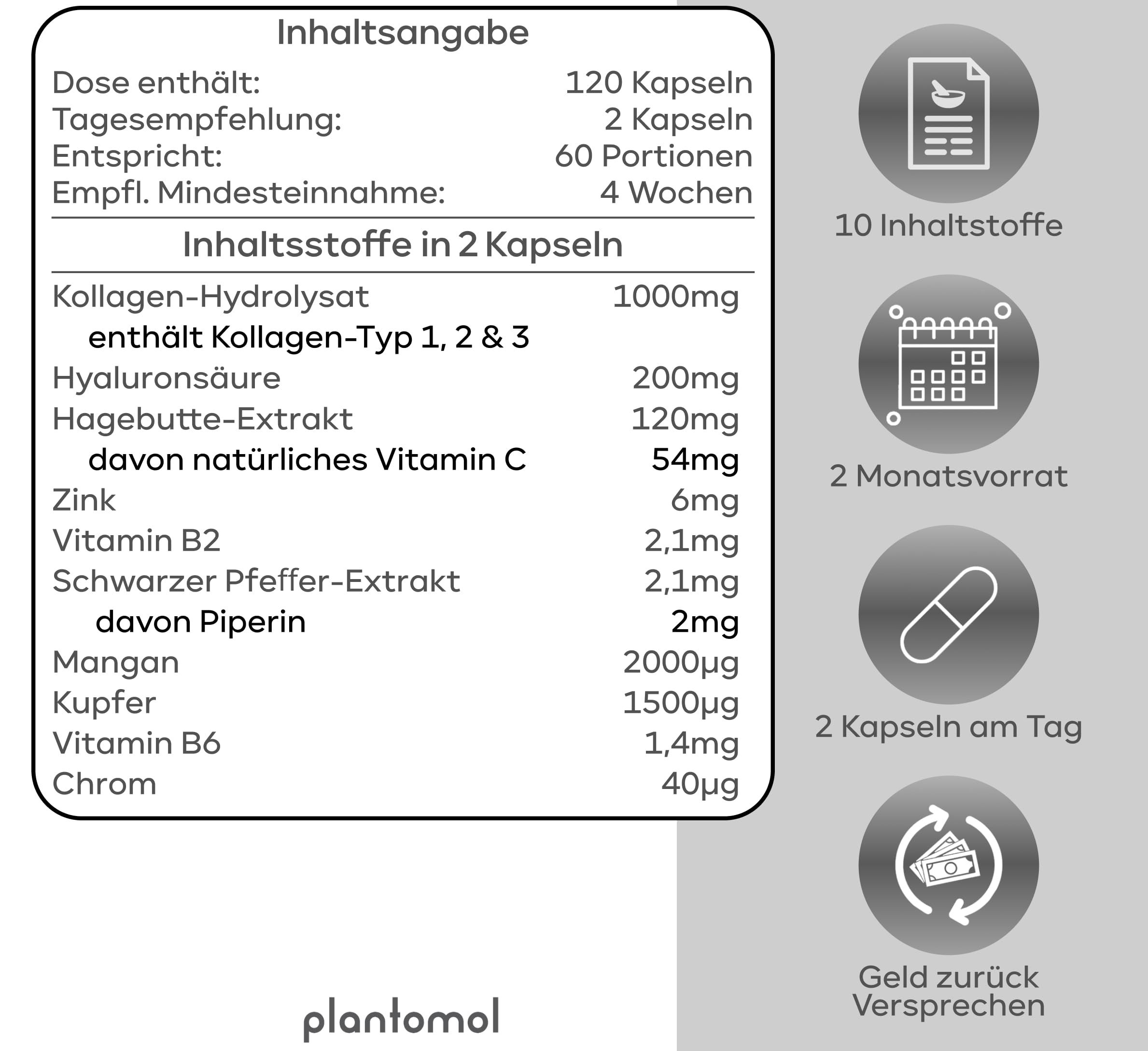 Inhaltsangabe: 120 Kapseln, 2 Kapseln täglich, 60 Portionen, 4 Wochen. 10 Inhaltsstoffe. 2 Monatsvorrat. Geld-zurück-Versprechen.