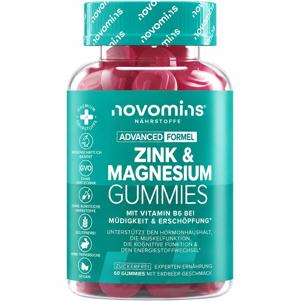 Flasche mit Novomins Zink & Magnesium Gummies, zuckerfrei, 60 Stück.