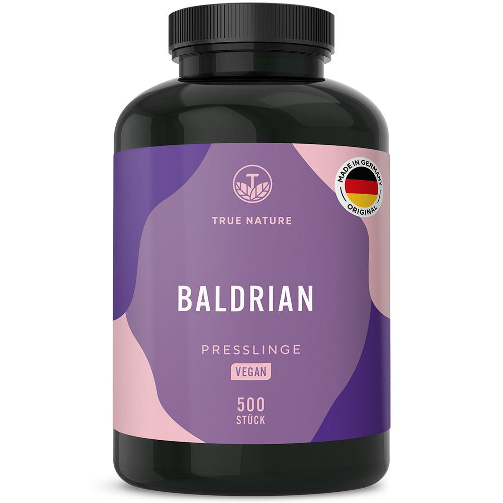 Dunkler Behälter mit Baldrian-Presslingen, vegan, 500 Stück. Mit deutschem Qualitäts Siegel.