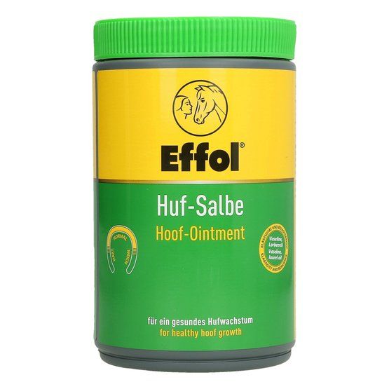 Grüne Dose mit gelbem Etikett. Aufschrift: Effol Huf-Salbe, Hoof-Ointment. Logo: Pferd und Person. Text: für ein gesundes Hufwachstum.