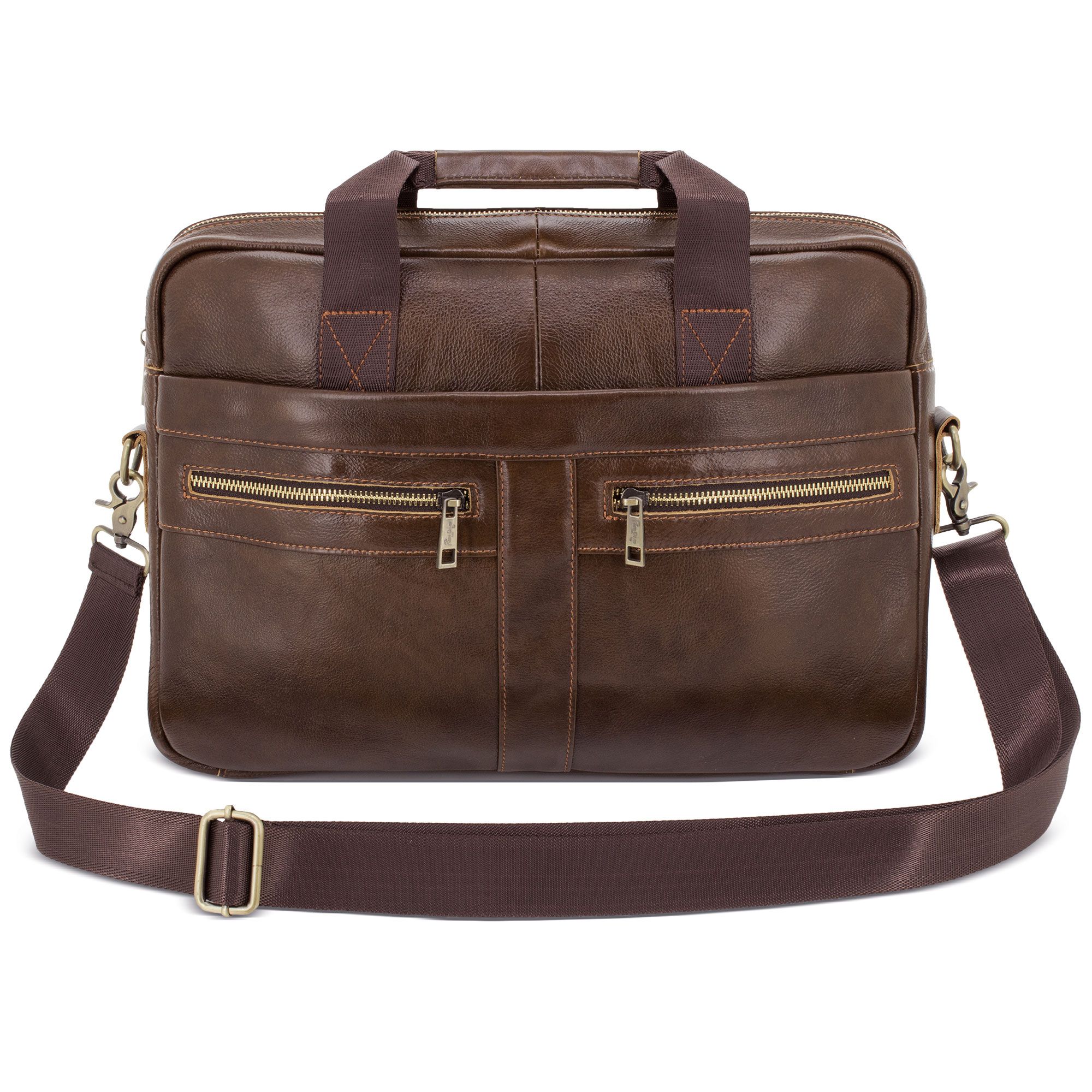 Braune Ledertasche mit Reißverschlüssen, Tragegriff und Schulterriemen. Frontansicht.