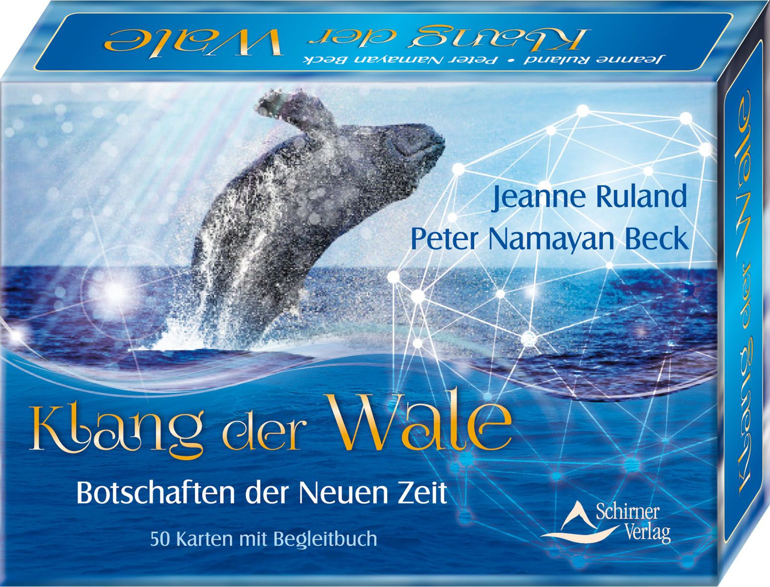 Klang der Wale Kartenset. Box mit Wal-Illustration. Titel, Autorennamen und Verlag sichtbar. 50 Karten mit Begleitbuch.