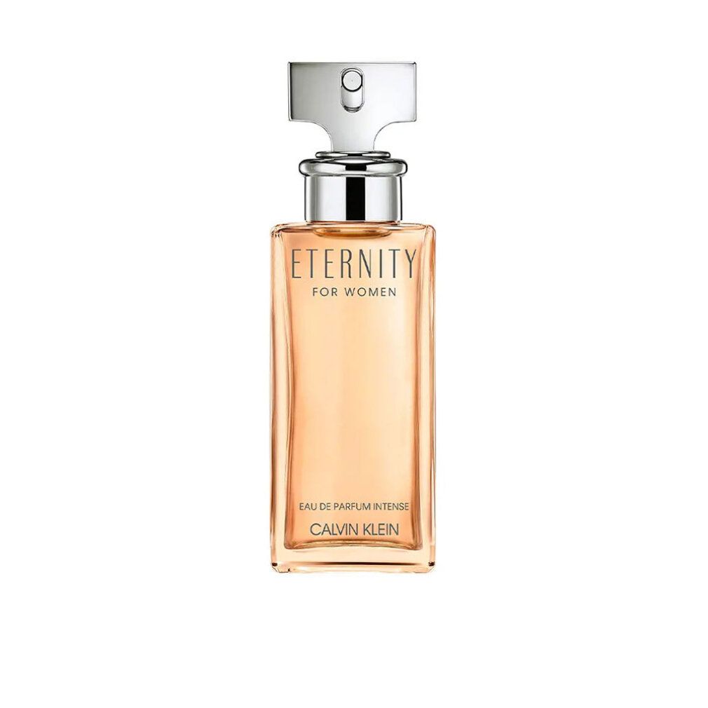 Eckiger Flakon mit silbernem Verschluss. Aufschrift: Eternity for Women, Eau de Parfum Intense, Calvin Klein.