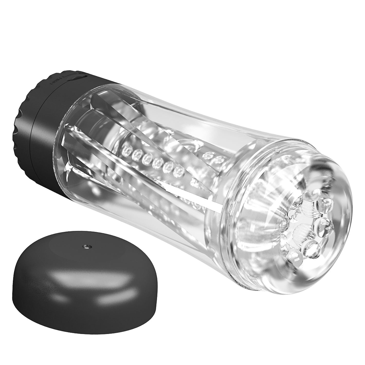 Zylindrisches Gerät mit transparentem Gehäuse, schwarzem Sockel und Deckel. Innenstruktur sichtbar.